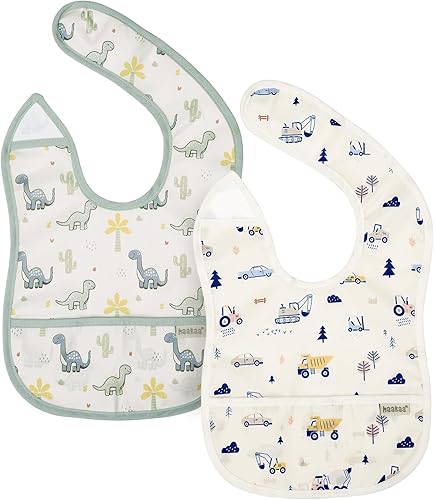 Miniatura 11 de haakaa Waterproof Baby Bibs for Eating, Soft & Lightweight Toddler Bibs with Food Pocket, Easy Wipe Clean, Ages 6–24M, 2 Pack Dino Land + Días a
