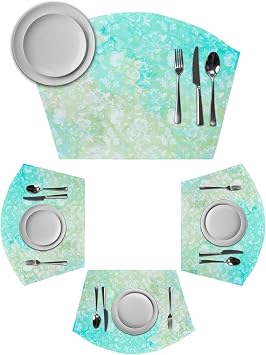 Aqua Green Round Table Placemats Set of 6 Wedge Placemats, Watercolor Colorful Ombre Abstract Floral Art Place Mats for Dining Table Set Washable Mats Kitchen Decor for Indoor Outdoor Wipe Clean
