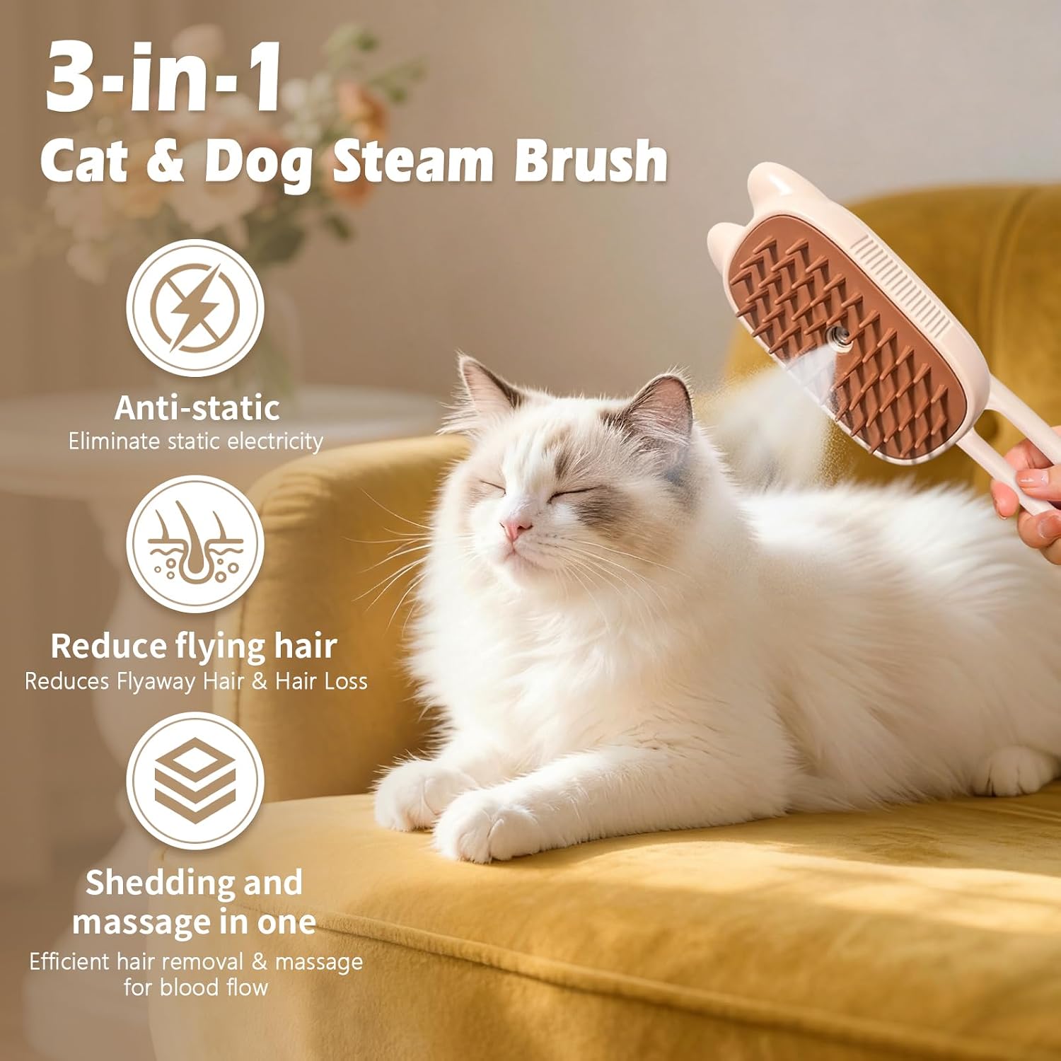 Cat Steam Brush for Shedding, Spritz Defur Comb 3 in 1 Pet Rechargeable Steam Brush Tool for Long and Short Haired Cats and Dogs, Anti-Static, Shedding, Detangling, Massage & Combing (Orange)