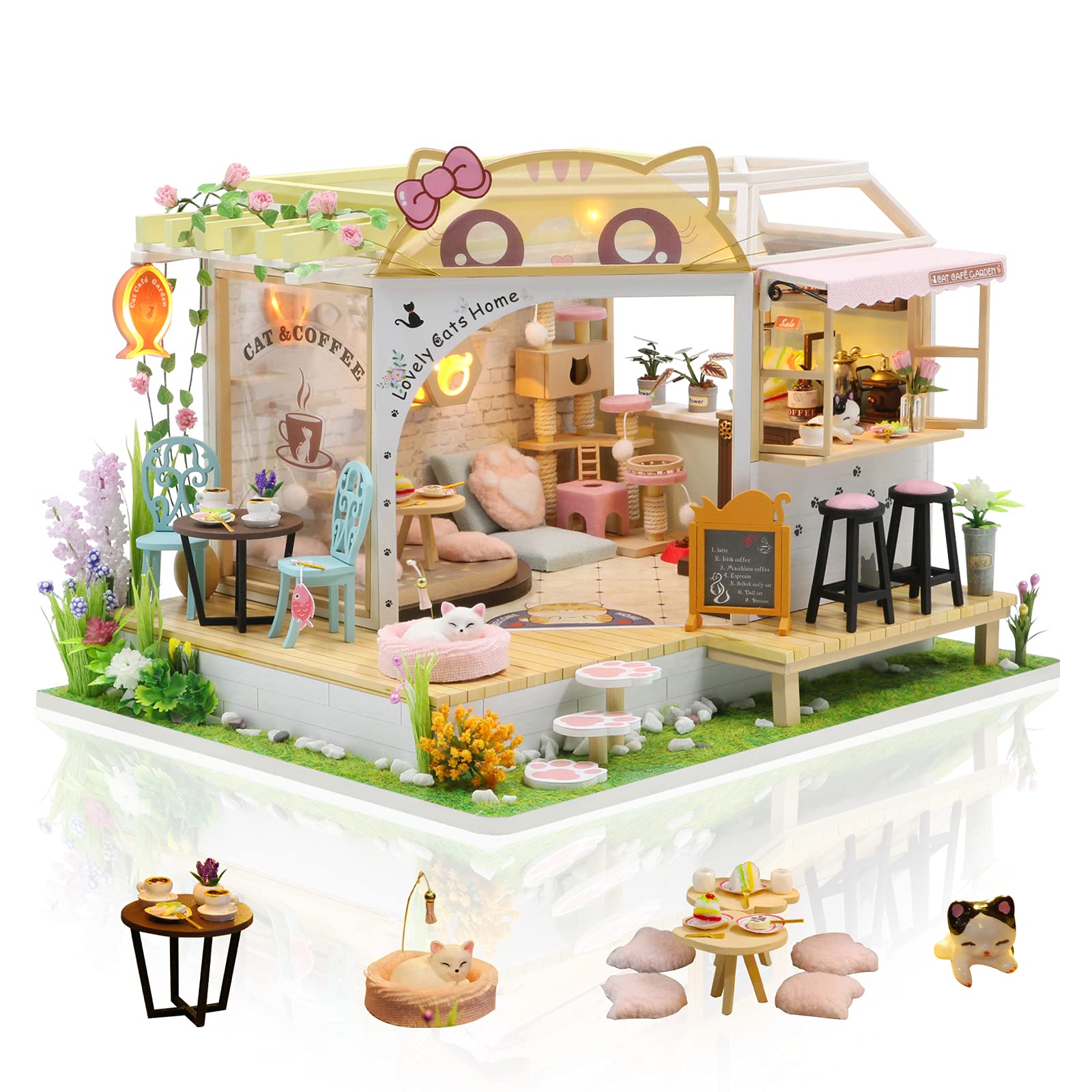 GuDoQi DIY Miniature Dollhouse Kit, Tiny House kit with Music, Miniature House Kit 1:24 Scale, Great Handmade Crafts Gift for Christmas Day Birthday Christmas Day,Lovely Cats' Coffee Shop