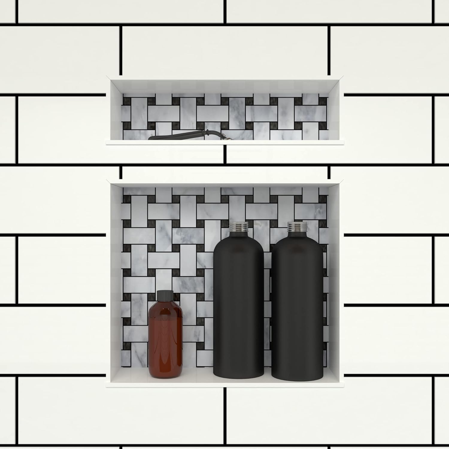 Tile Redi USA RN1620DU Niche Double Recessed Shower Shelf, Two Shelves, 20" H X 16" W, Black