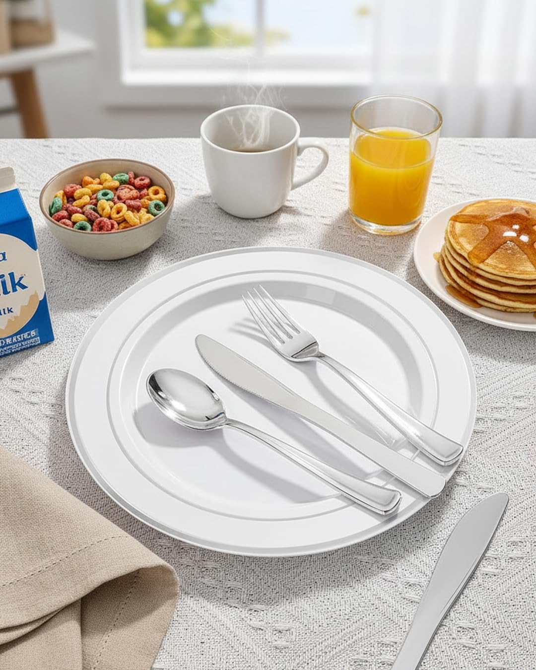 bUCLA 100Pieces Silver Plastic Plates - 10.25inch Silver Rim Disposable Dinner Plates - Ideal for Weddings, Parties - Image 9