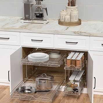 OCG 2 Tier Pull Out Cabinet Organizer (21.5 W x 18 D), Pull Out Shelves for Kitchen Cabinets, Slide Out Pantry Shelves for Base Cabinet Organization in Kitchen Bathroom Pantry, Chrome Finish