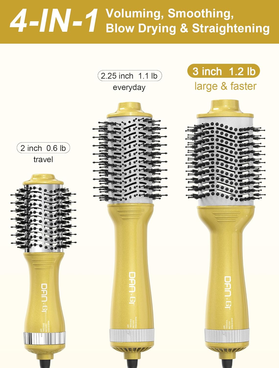 3 Inch Blow Dryer Brush, 4-in-1 One-Step Wet-to-Dry Hair Dryer Brush for Blowout, Smooth, Volumize & Straighten, Ceramic Coating for Thick Medium-to-Long Hair, Dual Voltage 120-240V