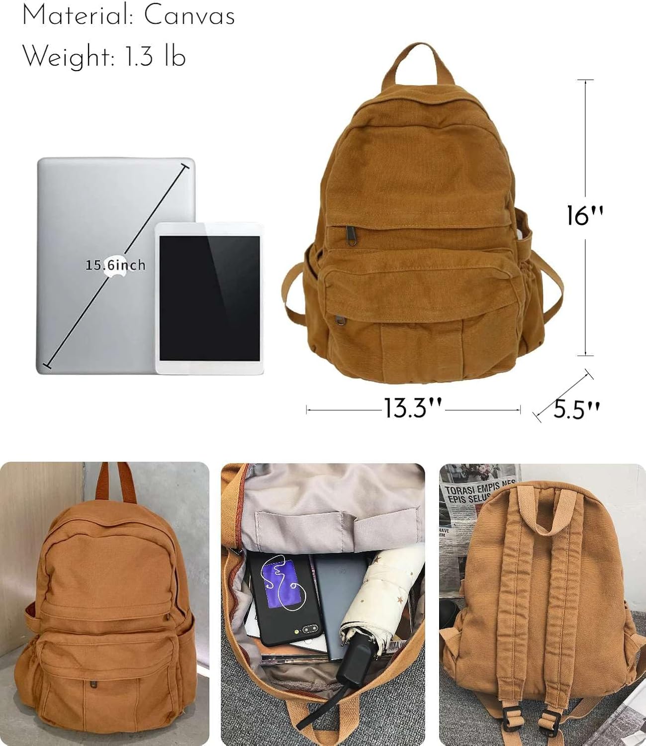 Light Brown Canvas Backpack for Women & Men Retro Aesthetic Rucksack Basic Backpack for High School/College Students Travel Laptop Bag - Image 5