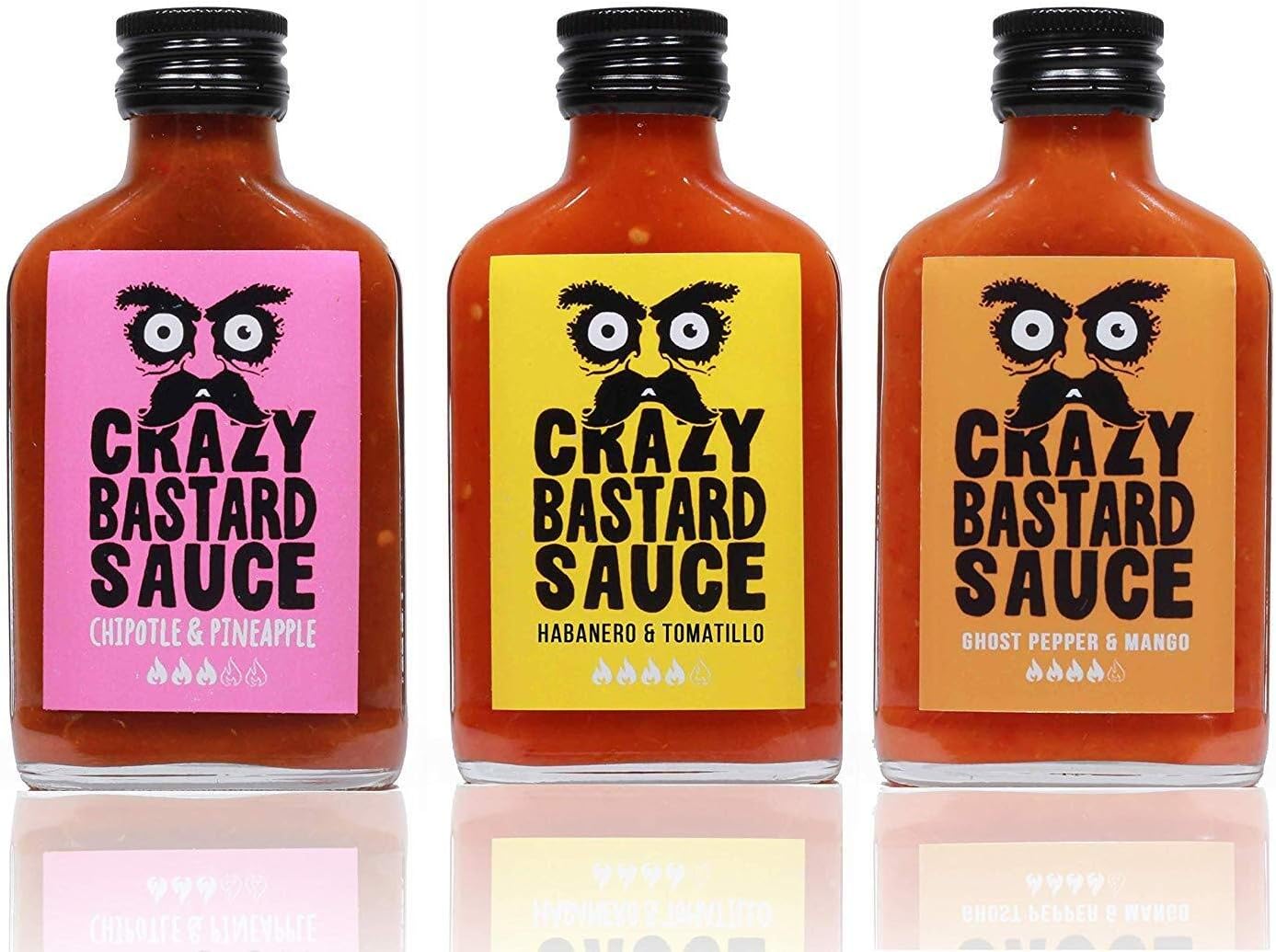 Crazy Bastard Sauce - Sample Set of 3 Hot Chili Sauces - Chipotle & Pineapple, Habanero & Tomatillo, and Ghost Pepper & Mango (3 x 100ml)
