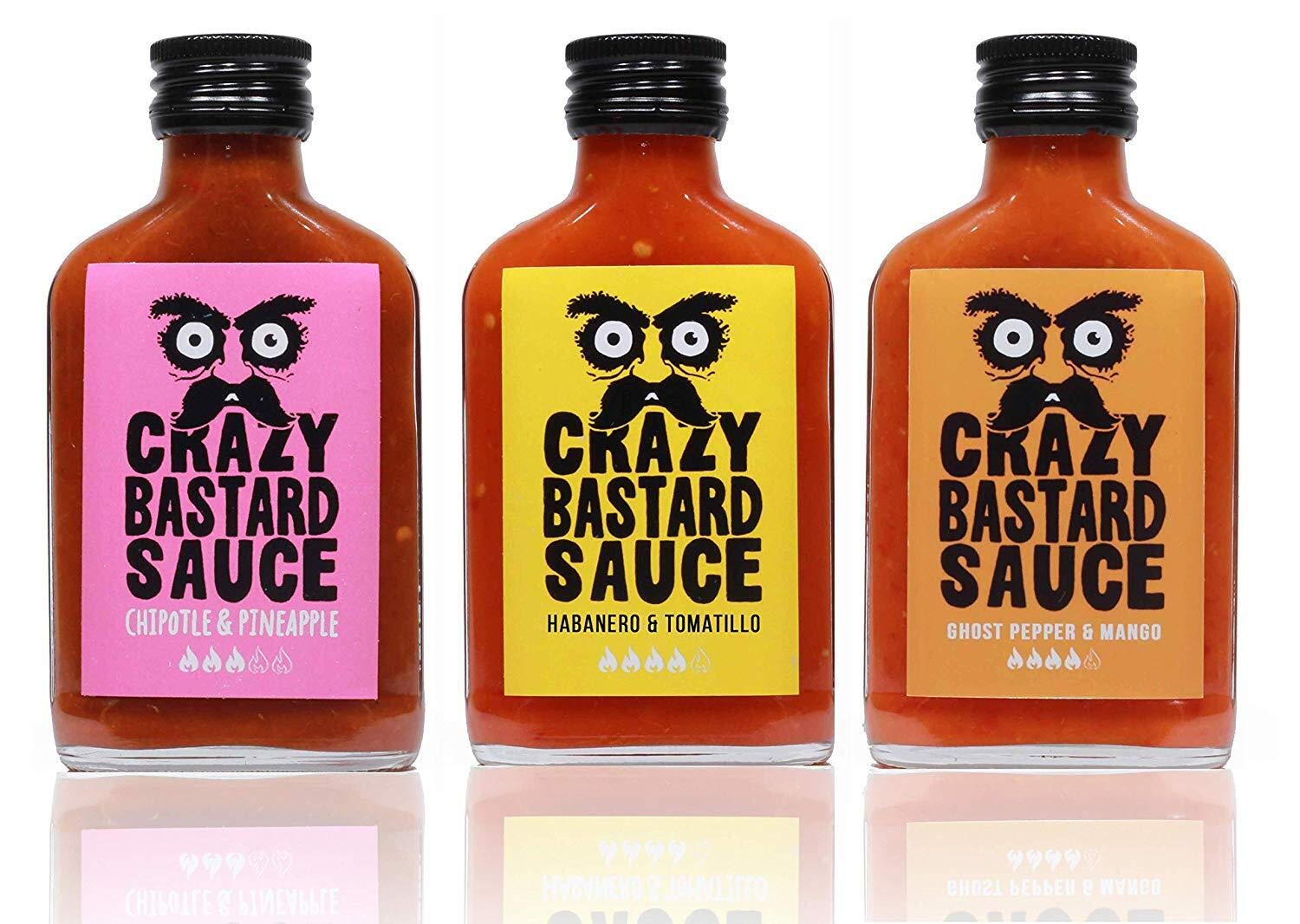 Crazy Bastard Sauce - Sample Set of 3 Hot Chili Sauces - Chipotle & Pineapple, Habanero & Tomatillo, and Ghost Pepper & Mango (3 x 100ml)