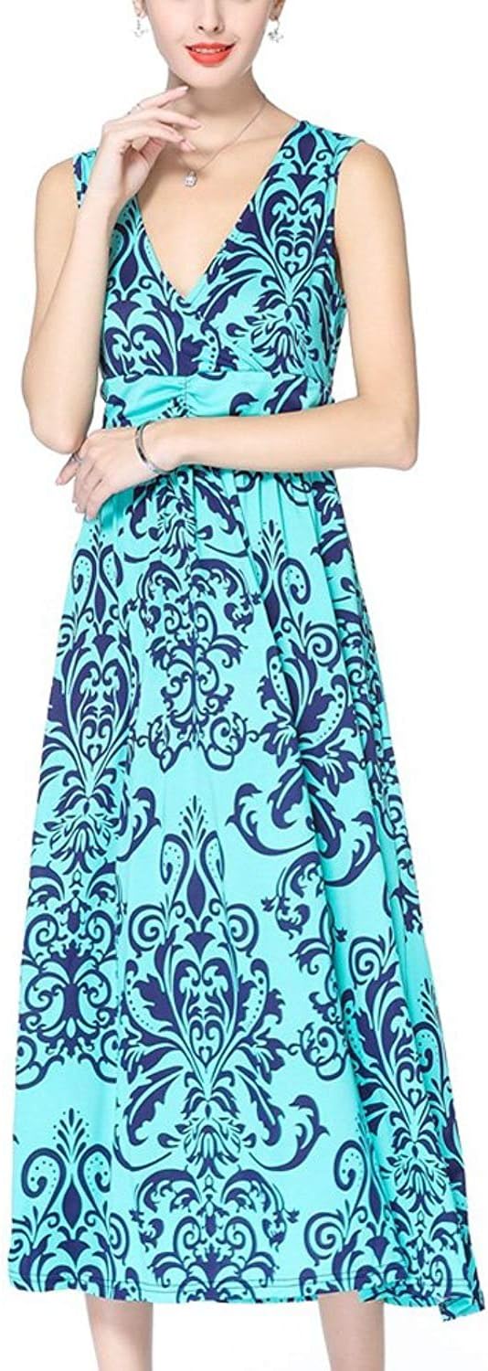 Women's V Neck Sleeveless Empire Floral Print Party Long Dress