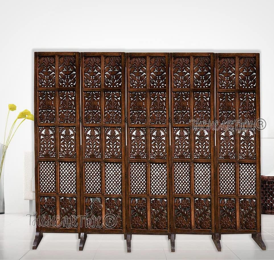 Image of THEHEARTWILL Partition Wall Divider | Wooden Partition for Hall, Living Room, Open Kitchen & Pooja Room | Room Divider 5 Panel with Stands | Room Separator (Brown-xs5)