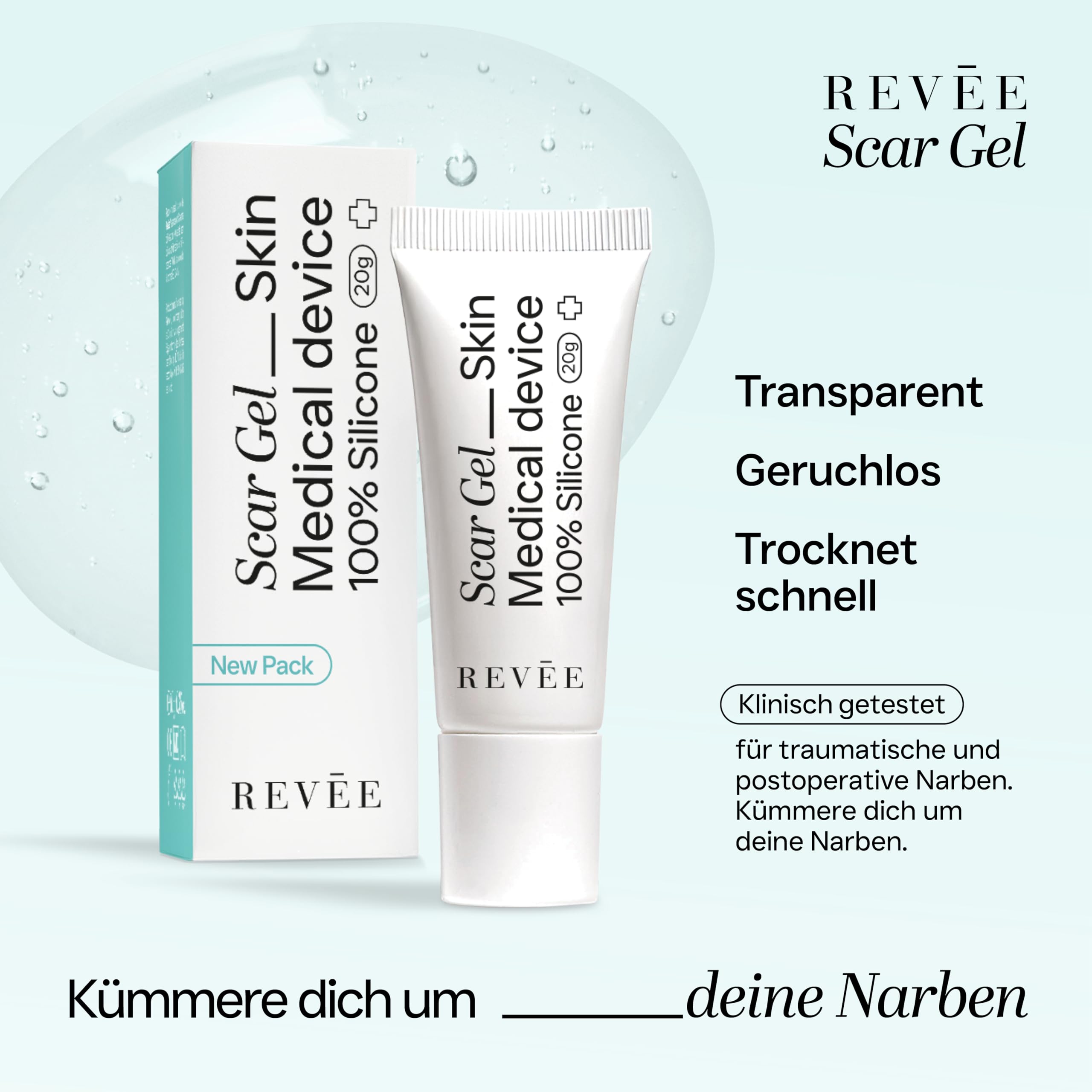 REVÉE Scar Gel 20g Narbengel für Gesicht und Körper - Narbensalbe Nach Op, Silikon Narbengel 100% Iges Medizinisches, Narbencreme Nach Op Transparentes, Geruchloses, Schneller Absorption, Scar Cream