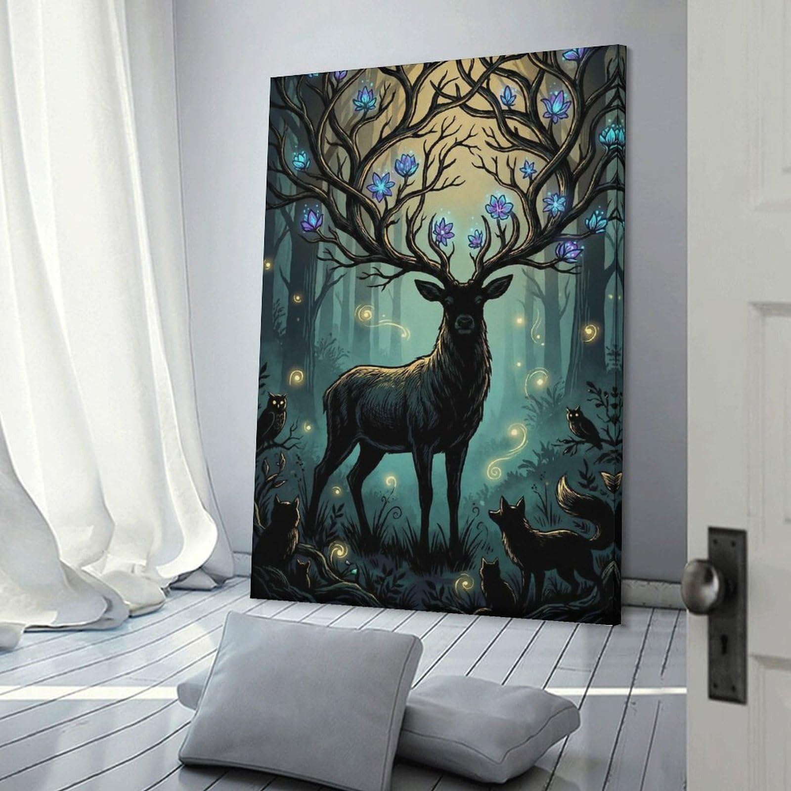 Junmoney Wall Art Print Enchanted Forest Stag with Glowing Flowers, 24x36inch(60x90cm), for Bedrooms, Workspaces And Everyday Interiors, Stylish Home Artwork for Focal Walls