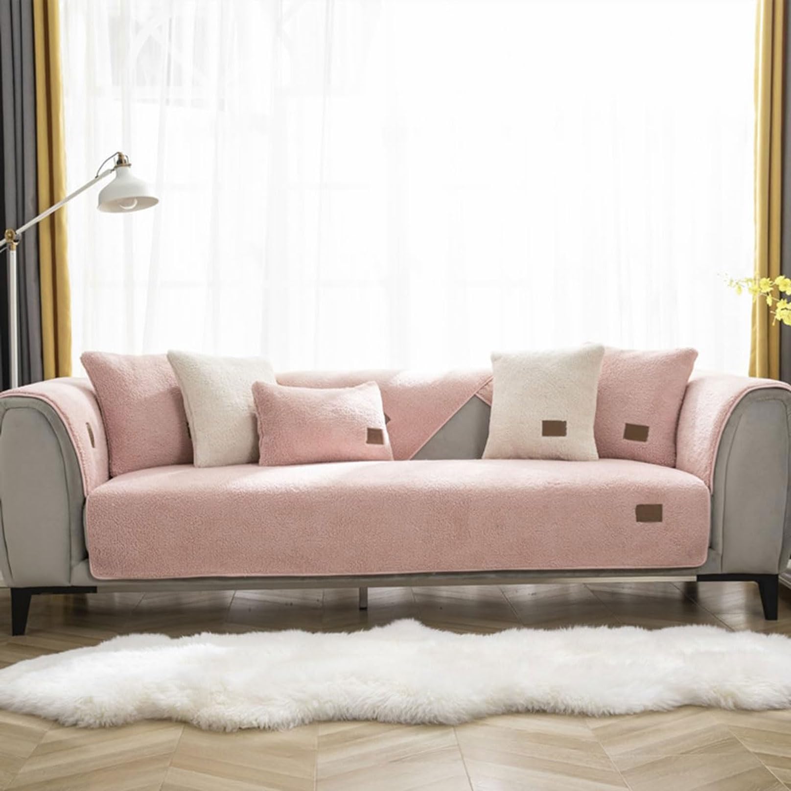 Hsivtns Plush Sofa Cover 1 2 3 Seater, Soft Warm Sofa Slipcover Non-Slip Couch Covers 3 Seater Washable Sofa Protector for Kids/Pets Couch Cover,Pink,90x160cm