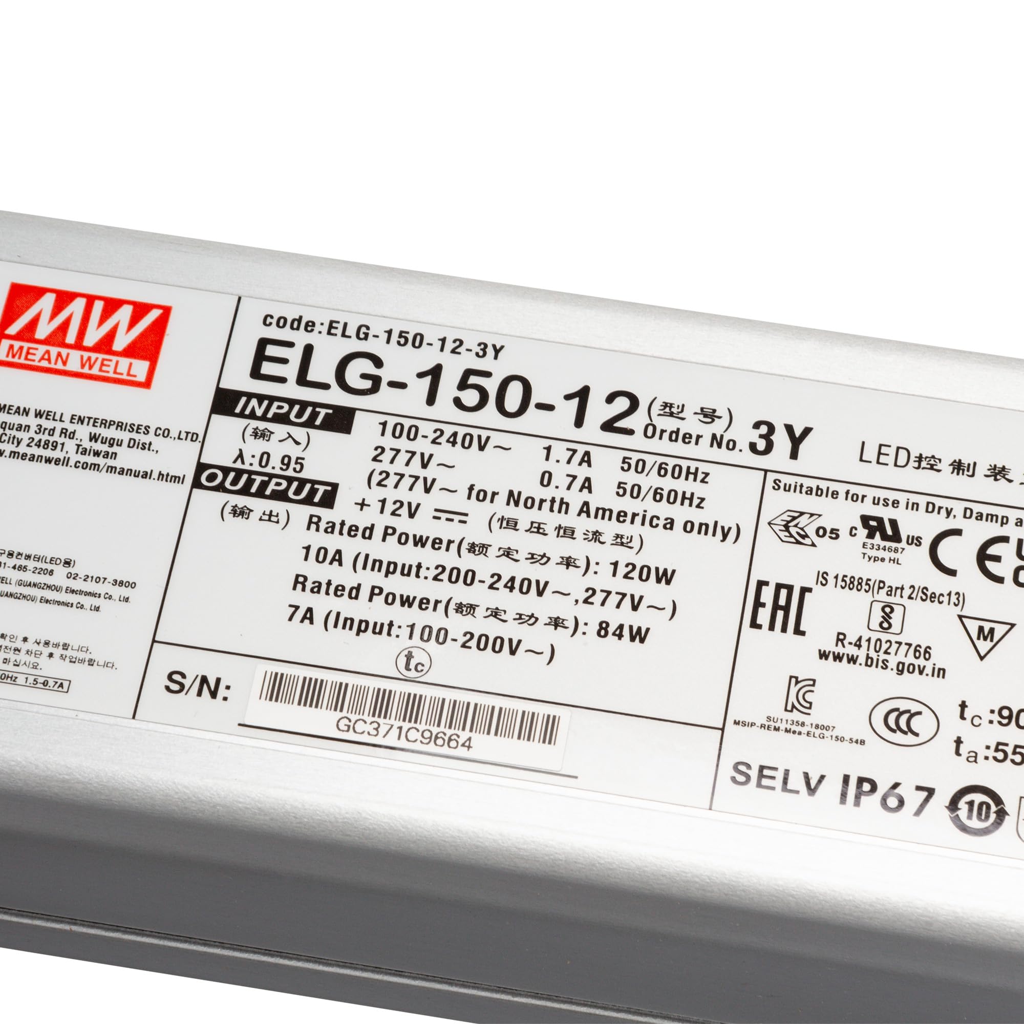 MW MEAN WELL ELG-150-12-3Y - Trasformatore LED a tensione costante, 120 W, 10 A, 6-12 V/DC
