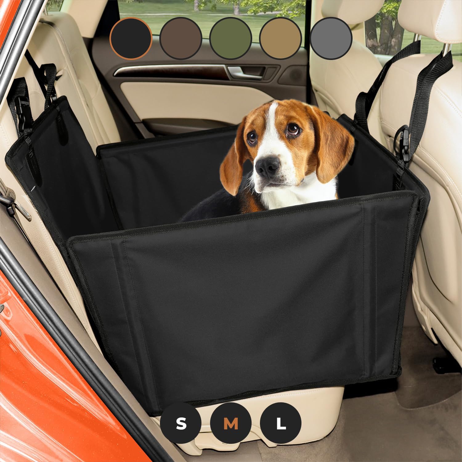 Extra Stabiler Hunde Autositz für Rücksitz mit Sicherheitsgurt – Robuster Hundesitz Auto mit 4 Befestigungsgurten, rutschfest & Komfortabel für Große Hunde(Schwarz, M)