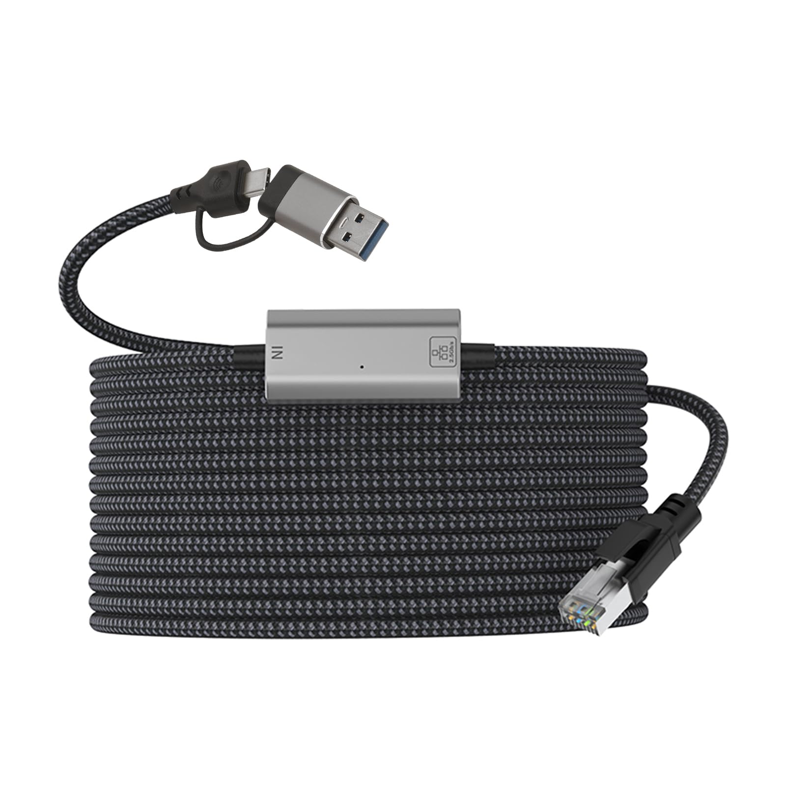 USB C to Ethernet Cable 2.5 Gigabit, 2-in-1 USB C to RJ45 Ethernet Cable, Plug&Play, Nylon Braid, Directly Connected, Thunderbolt 3/4 Compatible for
