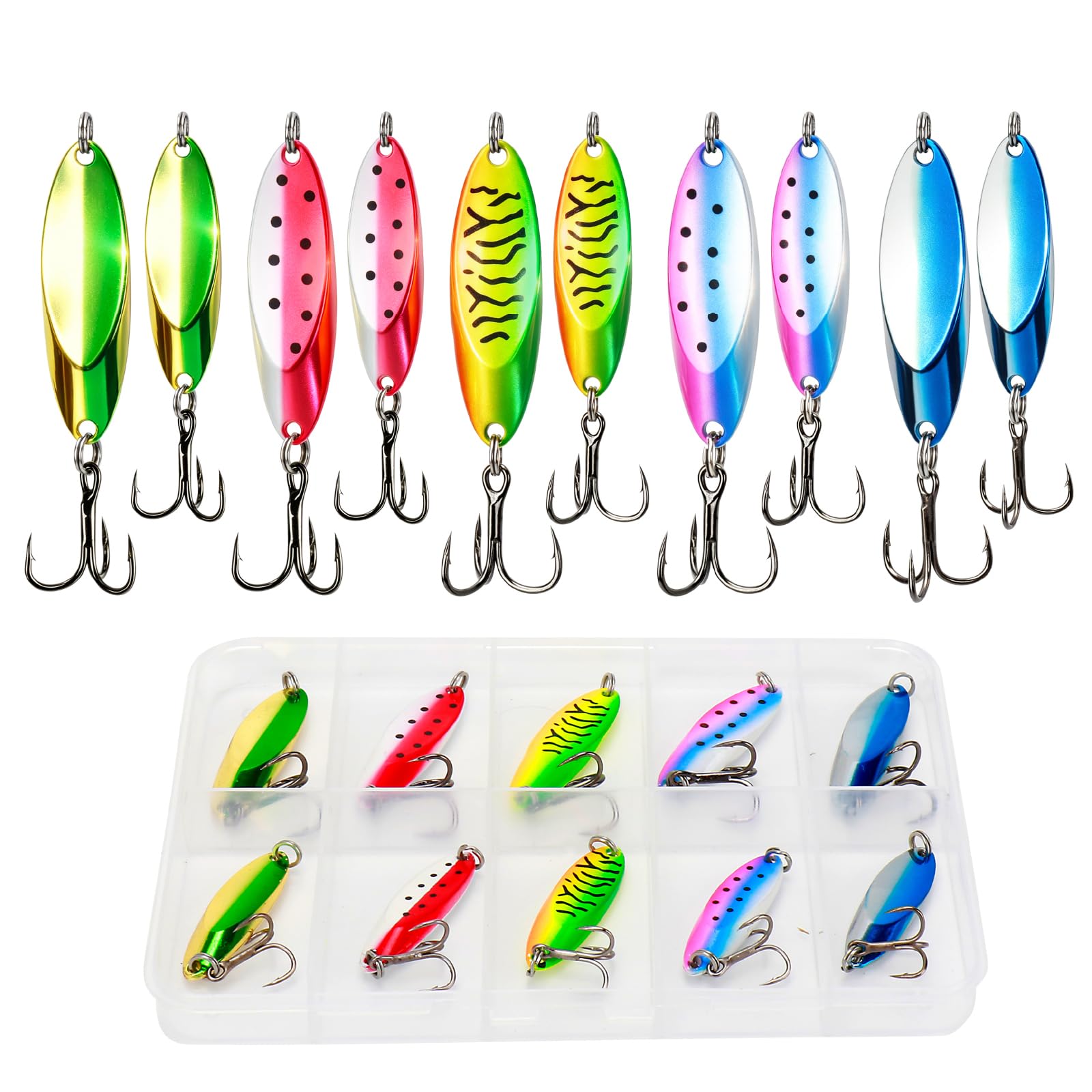10-teiliges Angellöffel-Köder-Set, Forellen, Salzwasser, Angelköder, 2 Größen, Metalllöffel mit hohem Blitz, robuste Jigs für Forelle, Zander, Barsch, Hecht, Crappie