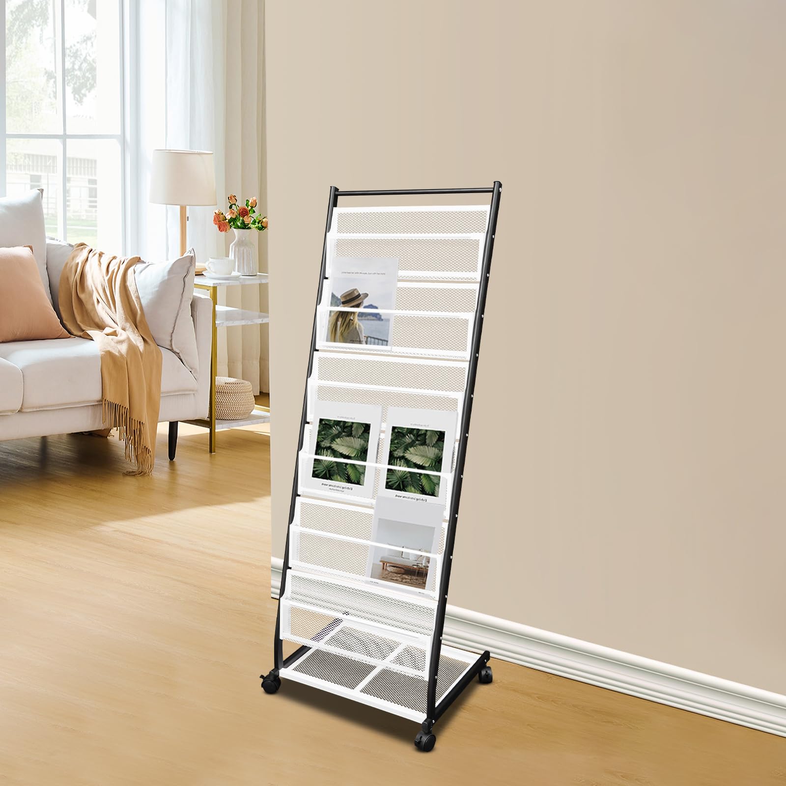 Treeisland Revistero con ruedas, soporte de pie para folletos, 6 niveles, para oficina, ferias, hogar