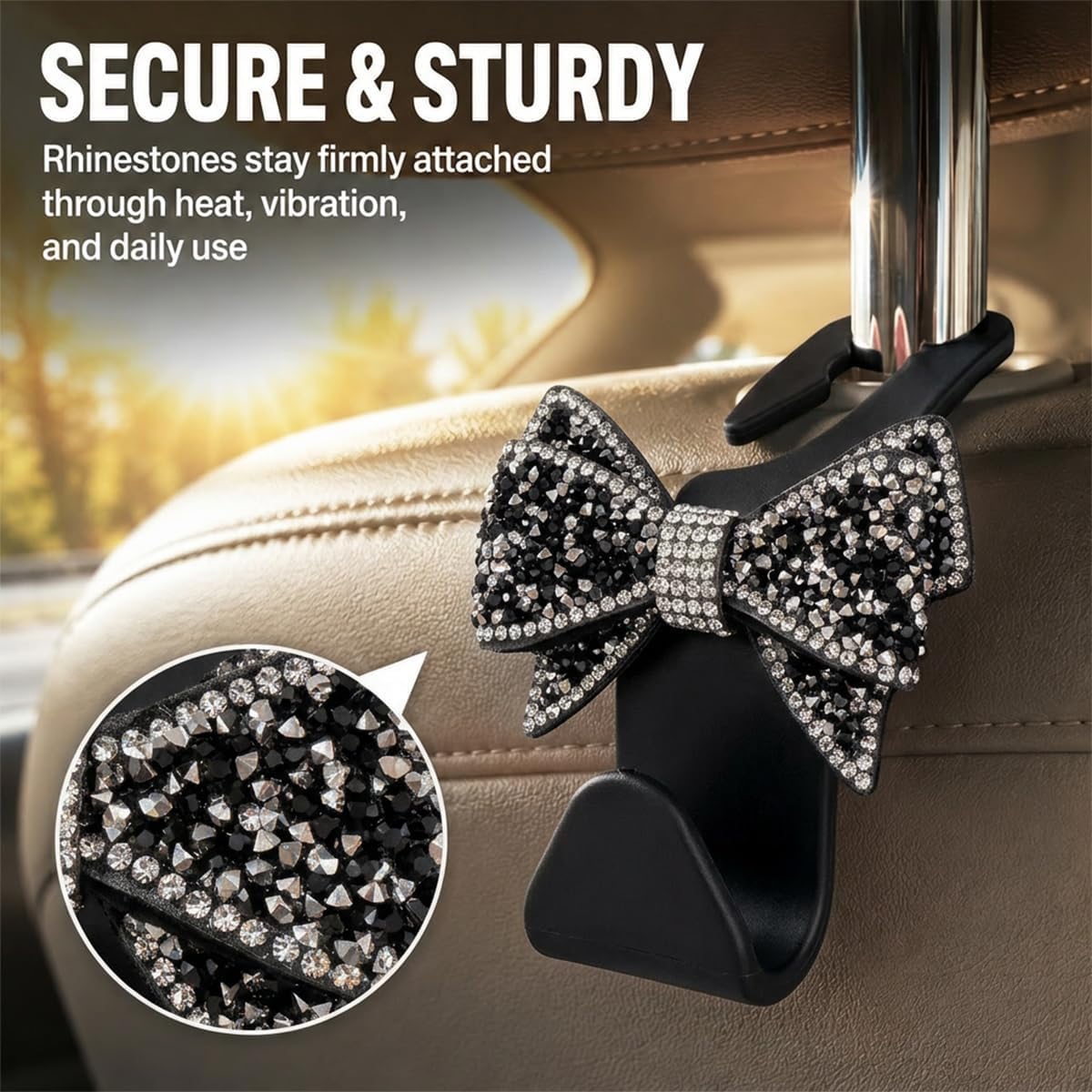 2PCS Bling Bow Car Seat Headrest Hooks Cute Backseat Hangers, Black image 3