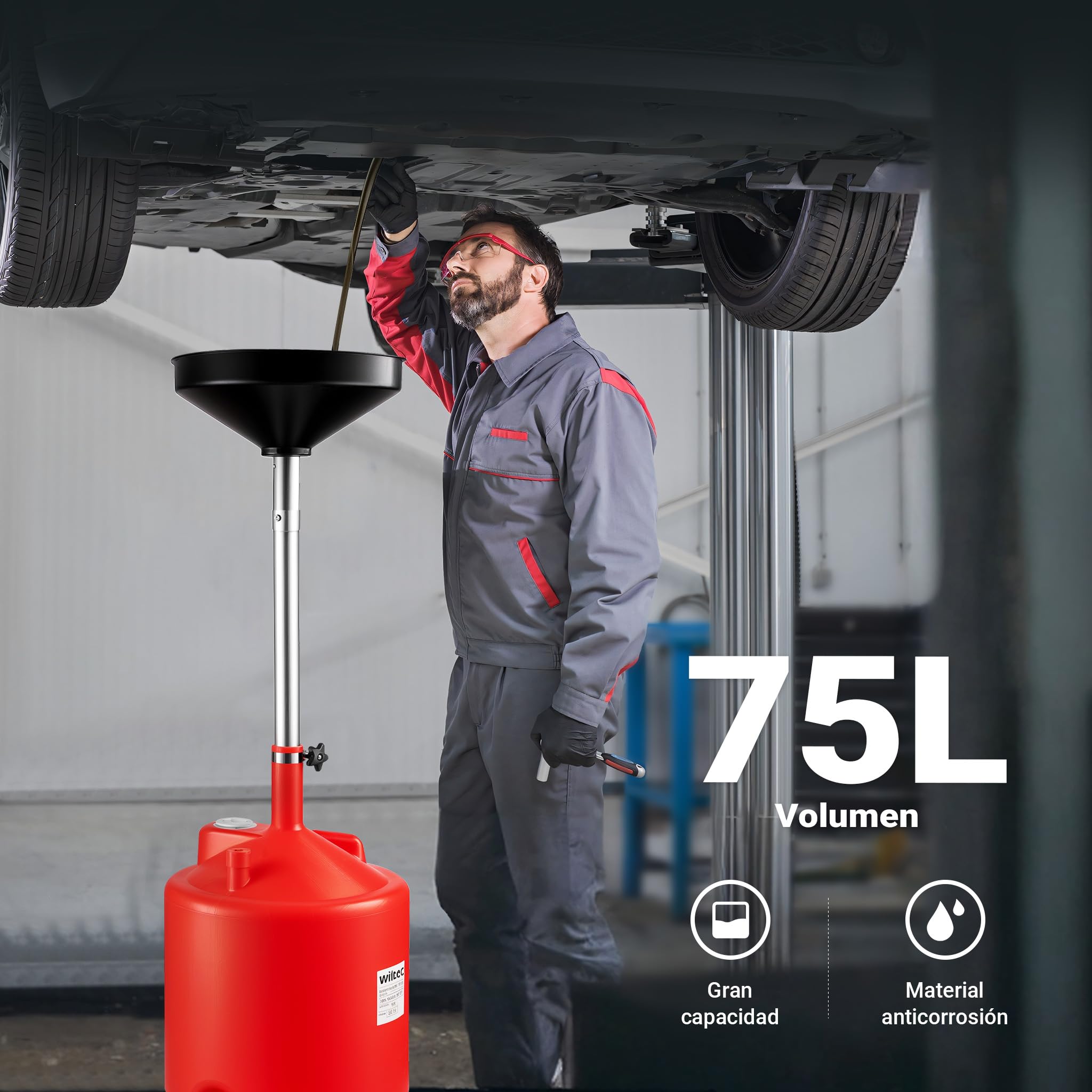 WilTec Recogedor de Aceite 75 l Altura Ajustable 140-185 cm Embudo Amplio 410 mm Resistente con Ruedas y Asas práctico para Cambio de Aceite en Coches y Motos