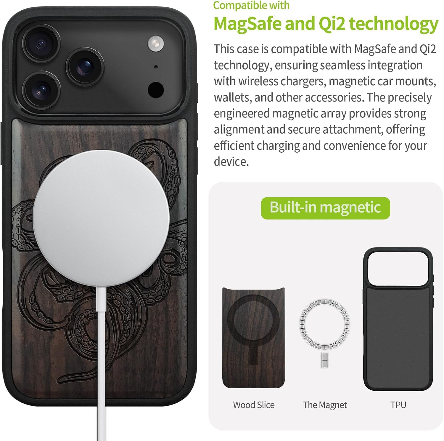 Carveit Magnetic Wooden Case for iPhone 17 Pro Max Case, Wood Artisan Engraved & Black Soft TPU Shockproof Cover, Compatible with MagSafe Wireless Chargers (Octopus Drawing) Blackwood