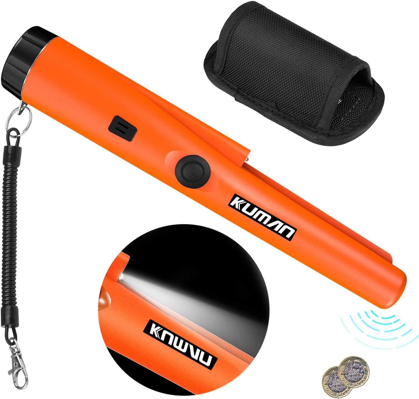 kuman Pinpointer Metal Detector Kit with Multifunctional PVC Waterproof Case and Holster 360° Scanning Treasure Hunting Unearthing Tool Accessories Buzzer Vibration Automatic Tuning KW30S