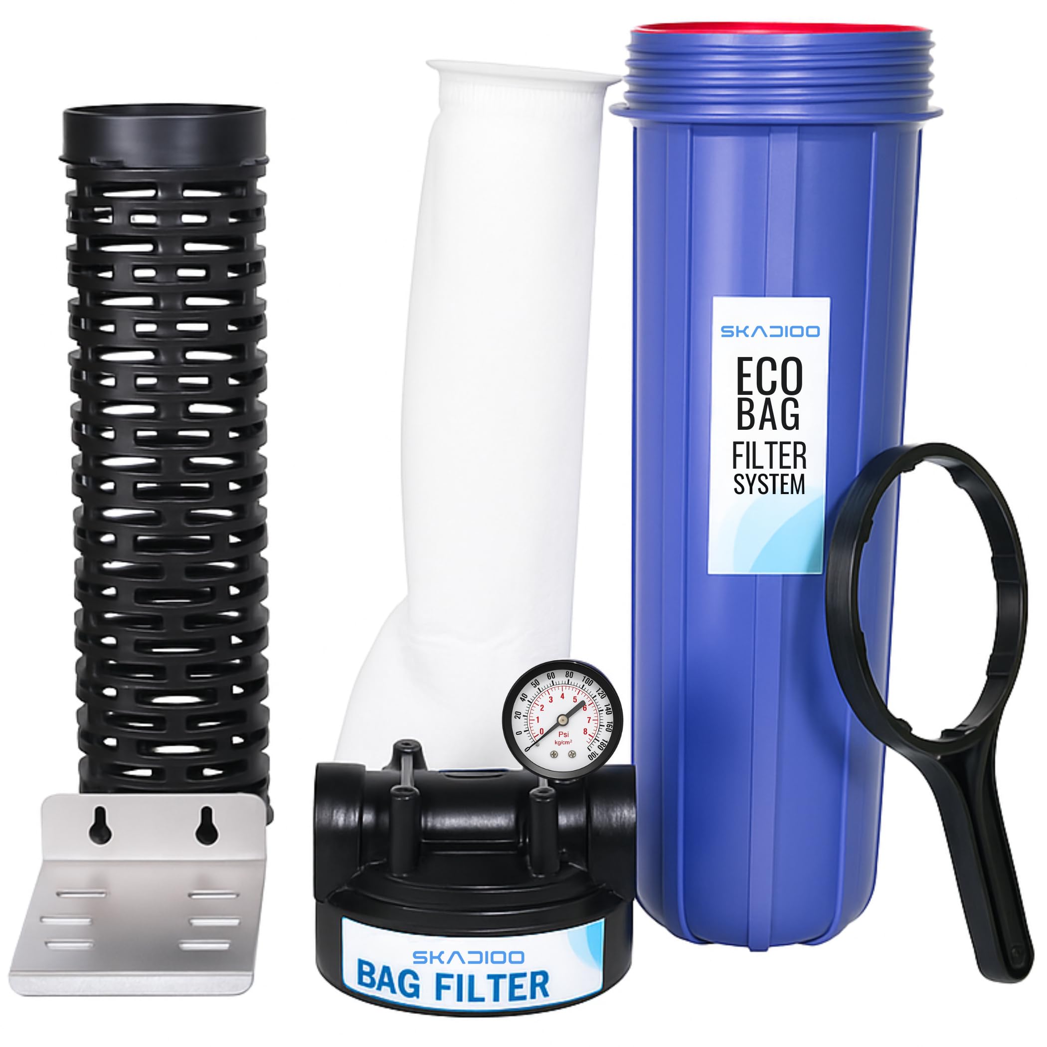 Economical Series Whole House Water Filter & Bag Filter Assembly, Bag Filter 20 inch 5 Micron, Tank Filteration Systems,Sediment Bag Filter (in-Out Size 1.5 inch with SS Plate)