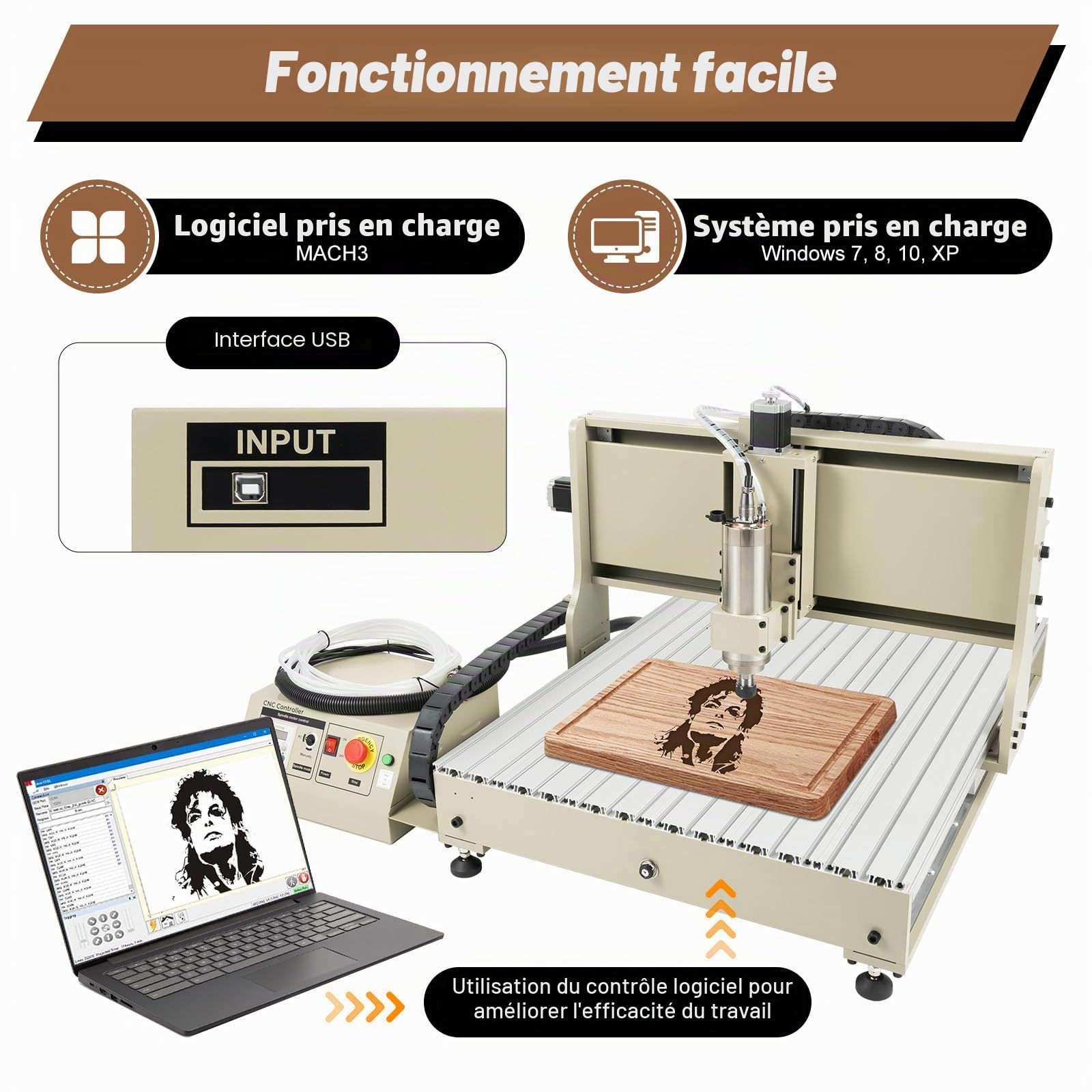 Fraiseuse CNC à 4 axes 6090 - Machine à graver avec routeur USB - Fraiseuse métal Kit pour MACH3, moteur de broche USB 2,2KW avec fraiseuse et VFD, zone de travail XYZ 600 x 900 x 150 mm