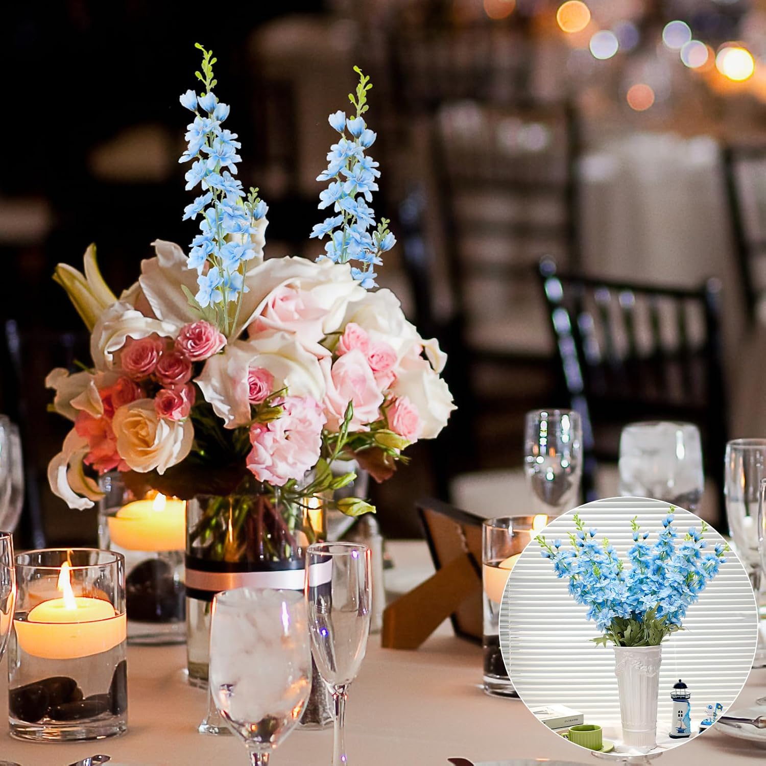 10 Pcs Delphinium Artificial Flowers for Decoration, 33.86 Inch Long Stem Larkspur Fake Flowers Light Blue Faux Silk Bouquets for Tall Vase Wedding Home Decor Floral Arrangements(Light blue) - Image 4