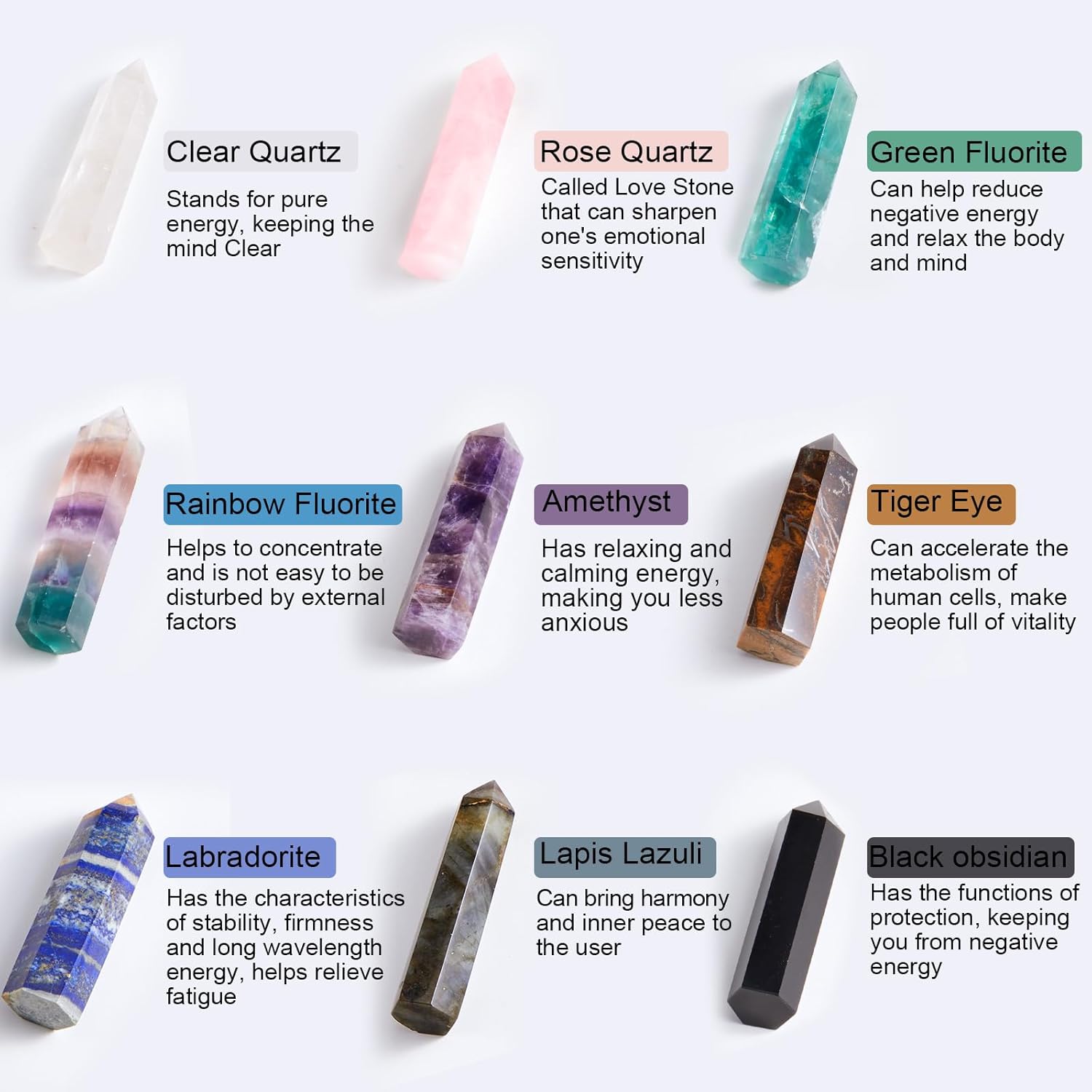 Junkin 9 Sets Healing Crystal Wand, Amethyst Rose Quartz Clear Quartz Tiger Eye Obsidian Fluorite Labradorite Lapis Lazuli for Meditation Crystal Therapy Reiki Supplies(Mixed Color,3.2-3.5 Inch)