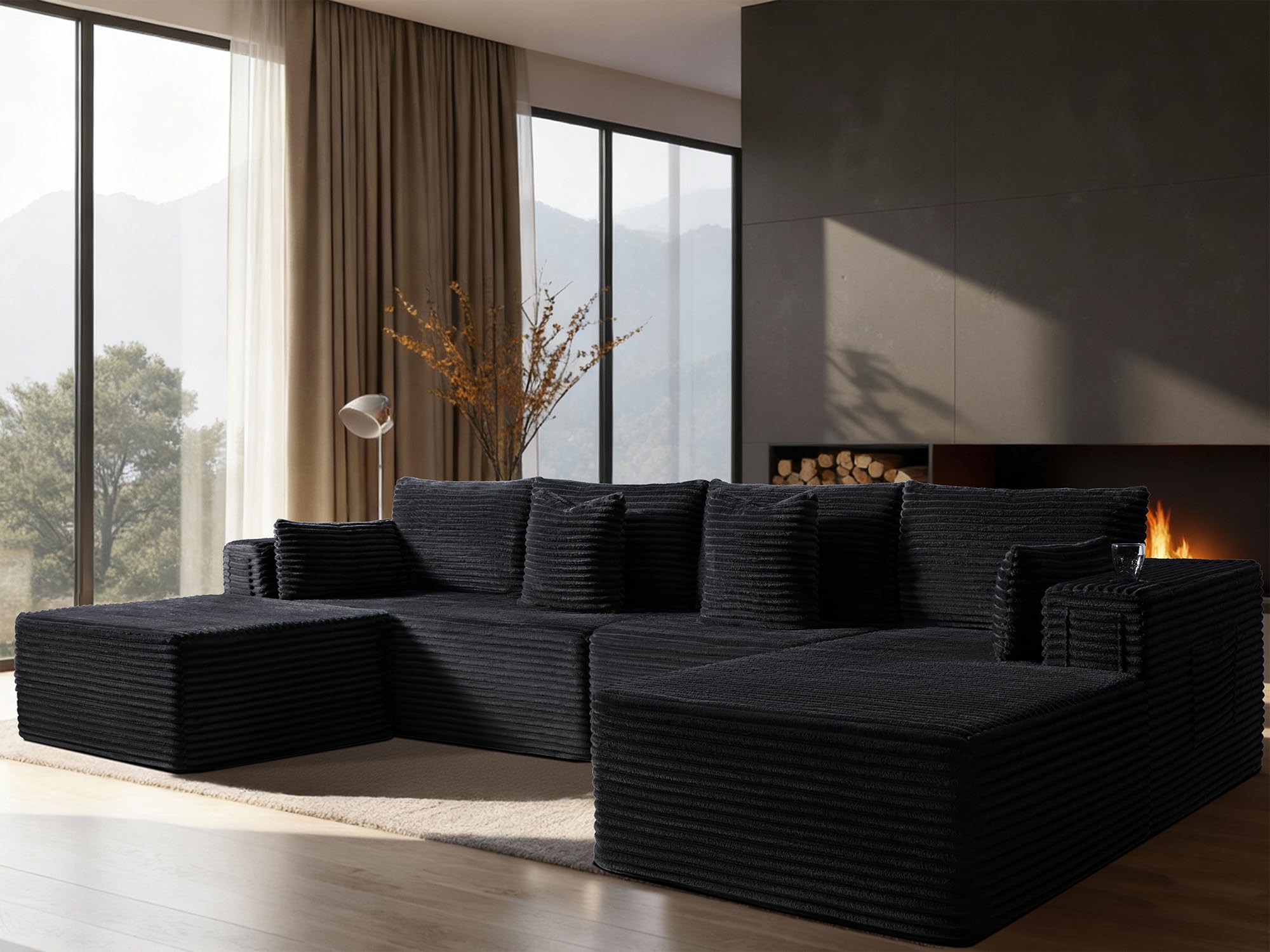 138" Cloud Sectional Couch, Comfort U Shaped Boneless Couch for Living Room, Extra Deep Seats No Assembly, Minimalist Modular Sofa, Corduroy (Black, 3 Seater+Right Facing Chaise+Ottoman)