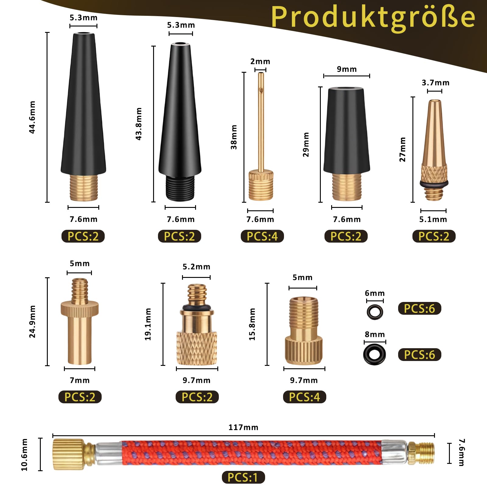 Zestaw adapterów do wentyli rowerowych, adapter do francuskiego wentyla i adapter do wentyla samochodowego, pompka rowerowa na wszystkie wentyle, adapter do pompy rowerowej z igłami i sorterem na