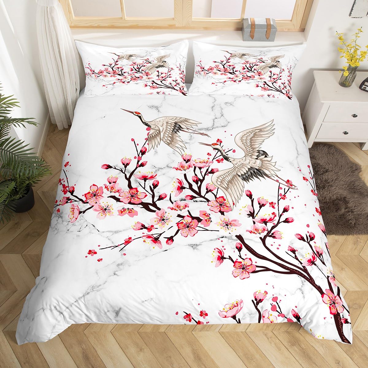 Parure de lit chic de style japonais lit double avec housse respirante imprimé fleurs de cerisier