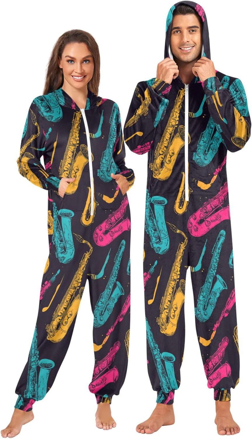 Fisyme Cute Cat Adult Onesie Pajamas for Women Men Long Sleeve One-Piece Costume Sleepwear Jumpsuit