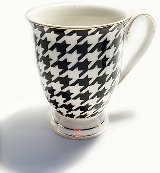Mazeology Tall Latte Black and White Herringbone Check Fine Porcelain Mug curated Modern Design with Hand Painted Gold Trim Royal Albert Prince Albert style