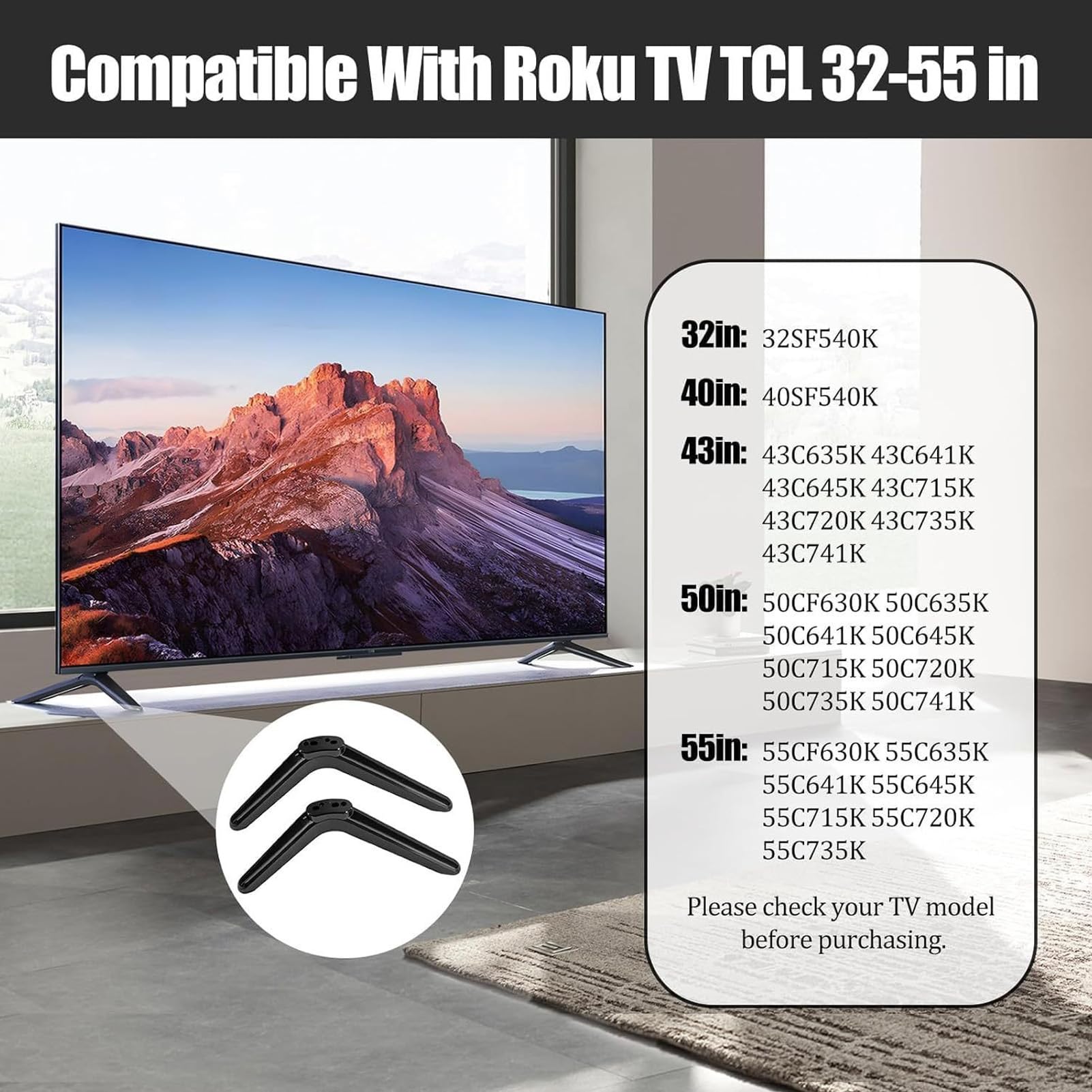 AMONIDA Podstawa Pod Telewizor, łatwa Instalacja Wymienne Nóżki do Podstawy Telewizora z Podkładkami Antypoślizgowymi, do Telewizorów Smart TV