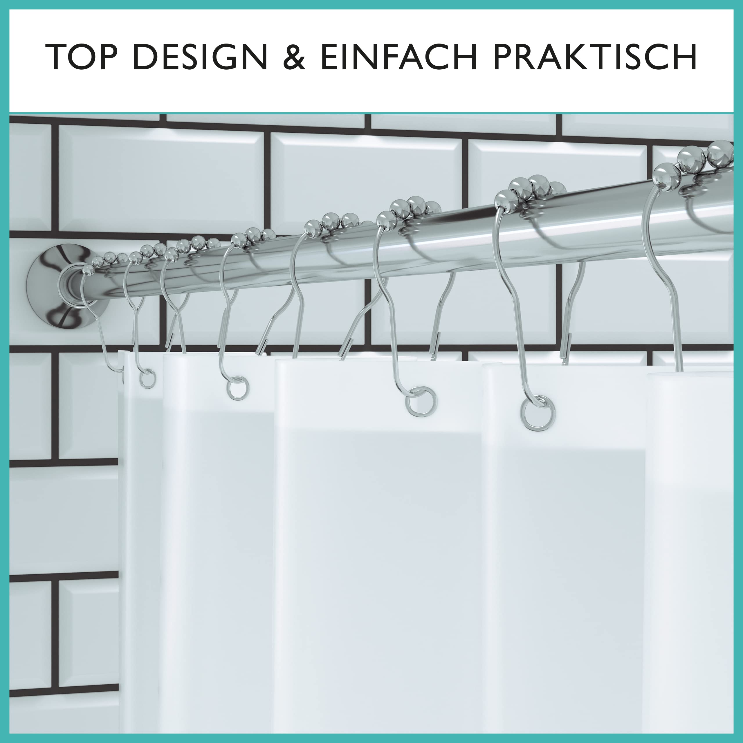 Tringle à rideau de douche télescopique sans perçage avec 12 anneaux, stable, 120 à 215 cm, sans perçage, en acier inoxydable, pour douche et baignoire
