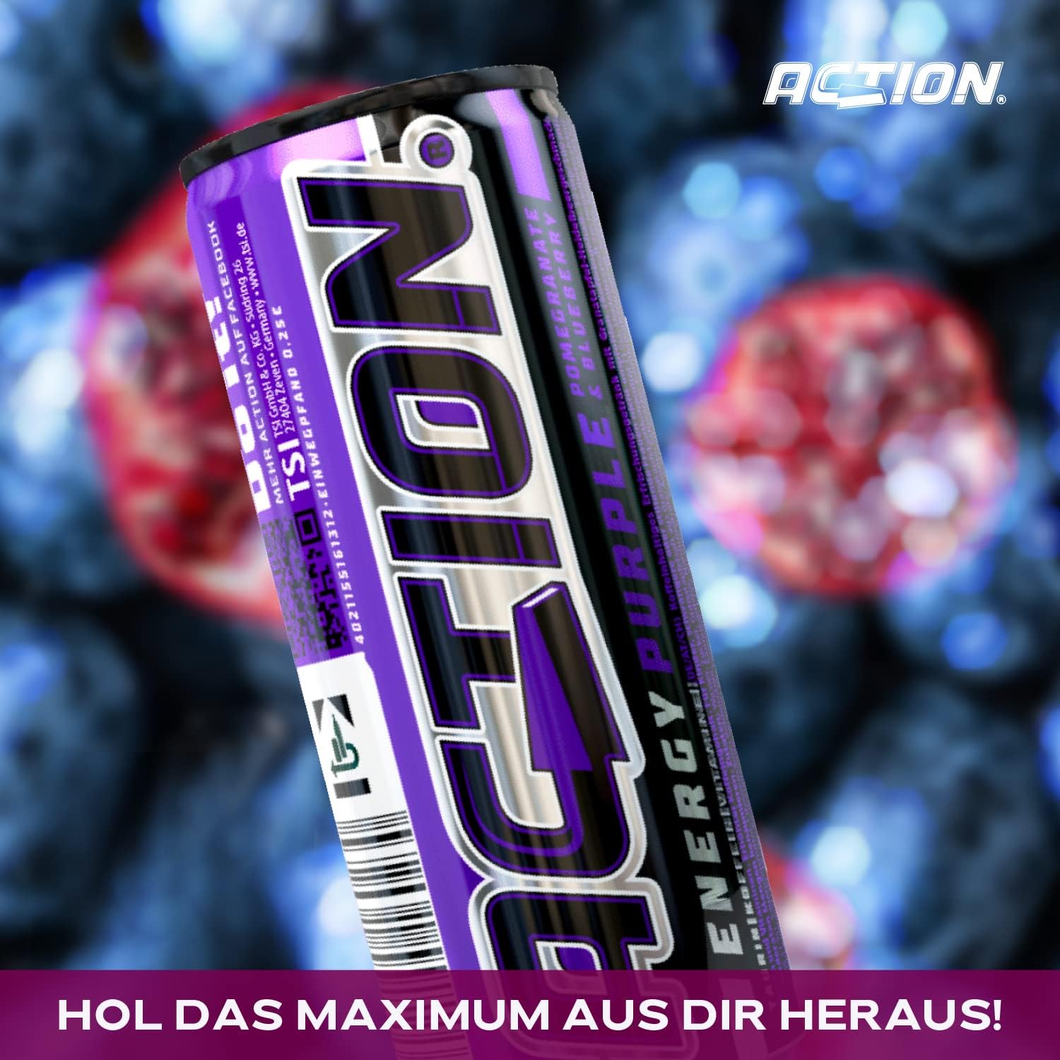 Action Energy Drink Purple (48 x 250 ml) incluye depósito – Refresco con sabor a granada y arándanos – patata energética con mayor contenido de cafeína 32 mg/100 ml cafeína rendimiento mejorado