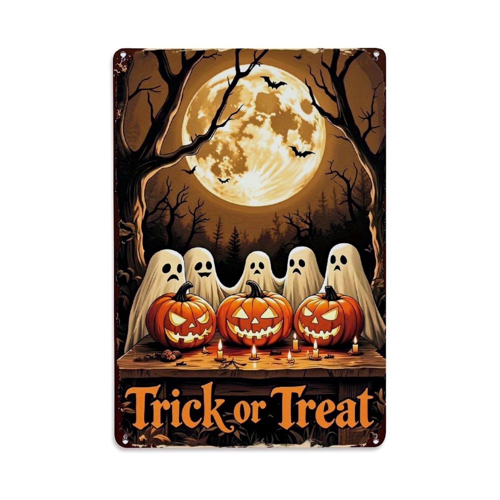 Trick Or Treat Ghosts Pumpkins Moon Retro Metal Tin Sign, Vintage Decor Art Poster for Bar, Home, Man Cave, Kitchen, Laundry Room Gift 8x12Inch
