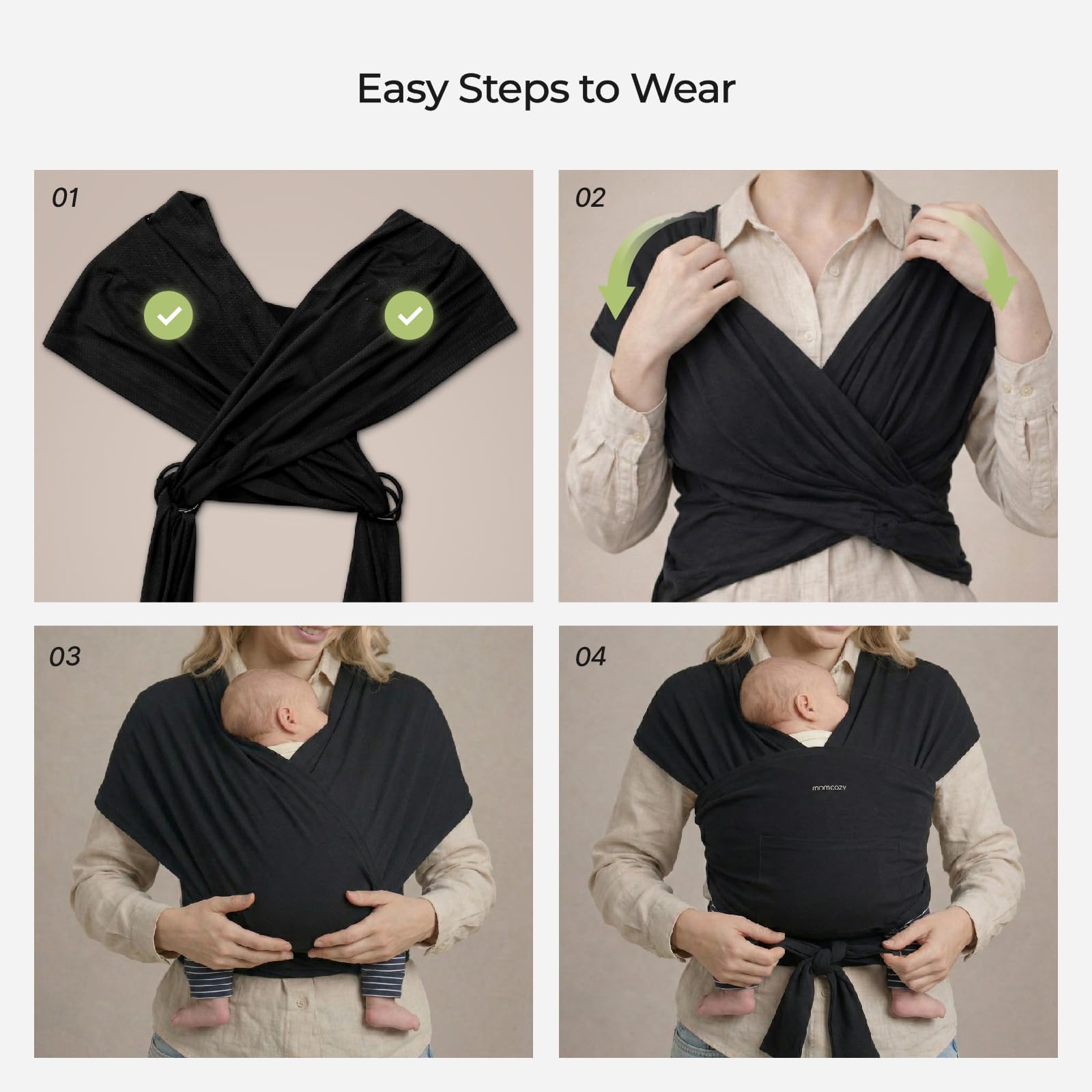 Momcozy opaska dla niemowląt, łatwa do założenia opaska dla niemowląt z pierścieniem, oddychająca opaska do noszenia z wolnymi rękami, regulowane nosidełko od 3,6 kg do 15 kg, czarna