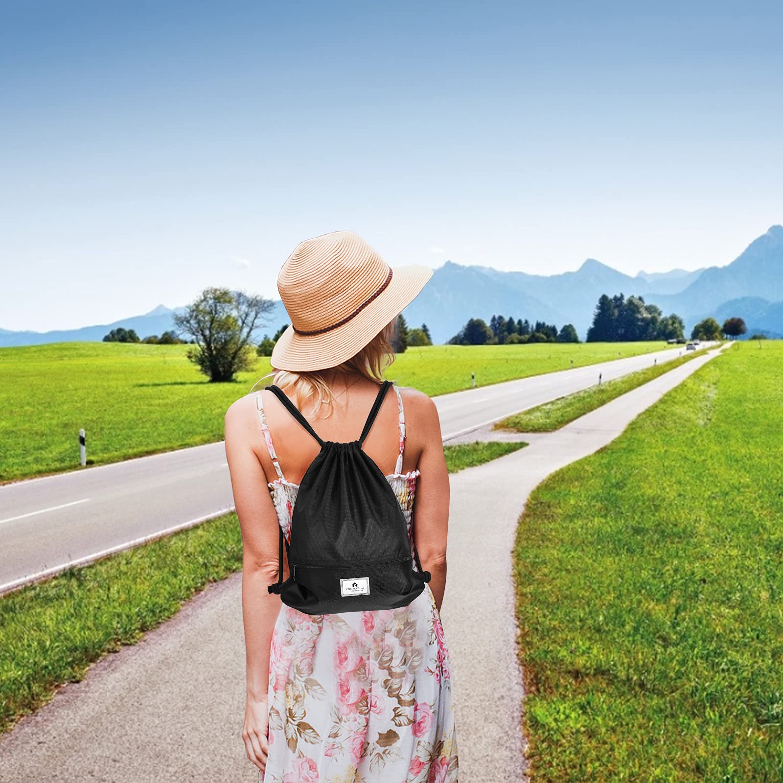 COSTWAY Drawstring Backpack, Folding Sports Gym Backpack with Zipper Pockets, String Cinch Bag for Gym Shopping Sport Yoga Beach Travel Camping Workout Gear (Black)