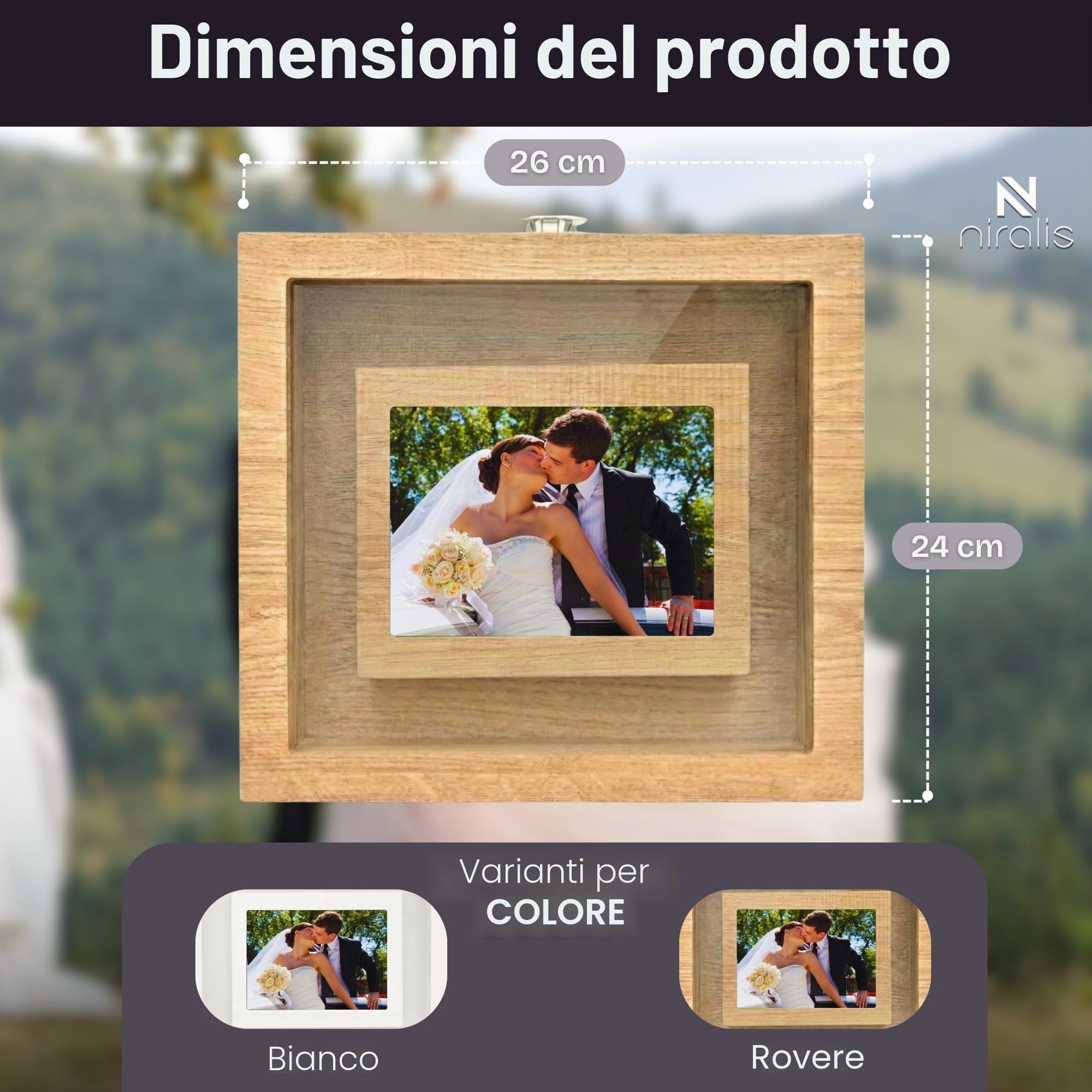 Rito della sabbia matrimonio - NIRALIS - cornice cerimonia rovere con metacrilato trasparente, foto 10x15, flaconi blu e rosa da 800 g, foglio unione di due anime e ricordo nuziale - 26x24x5 cm