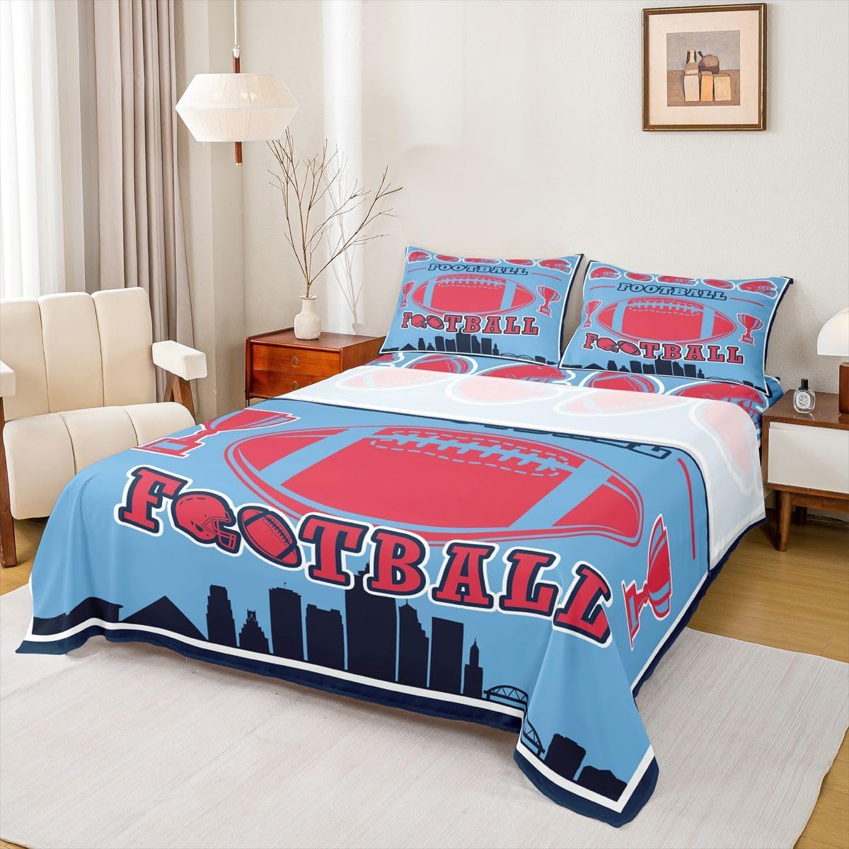 Erosebridal Football Sheets Full Size,Rugby Ball Game Bed Sheets for Sports Fans,Football City Silhouette Bedding Set for Kids Boys Men Adult,Yellow Green Rugby Flat Fitted Sheet