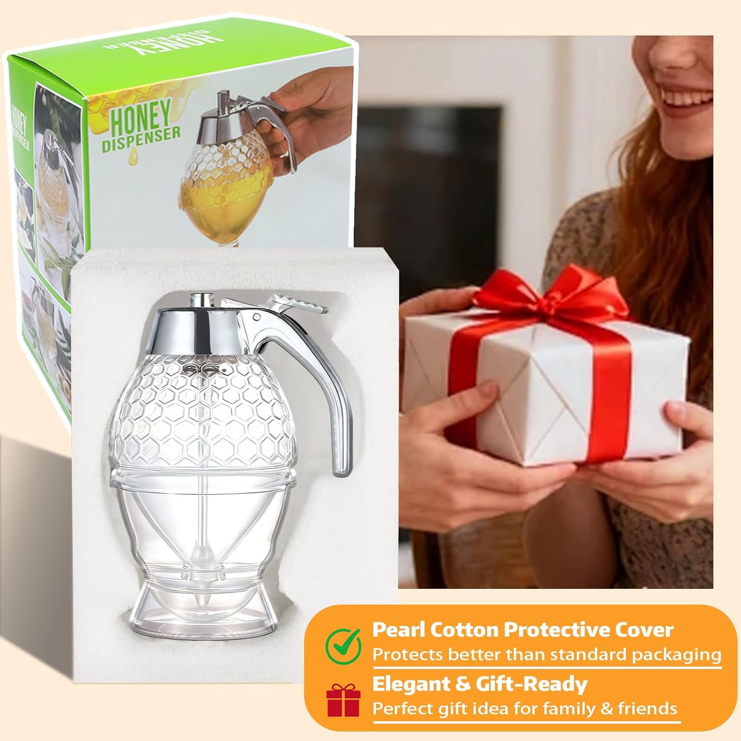 Honey Dispenser - Glass Honey Dispenser No Drip, 8oz Pot with Stand, Maple Syrup Container, Elegant Honeycomb Shaped Jar for Tea Time (general)