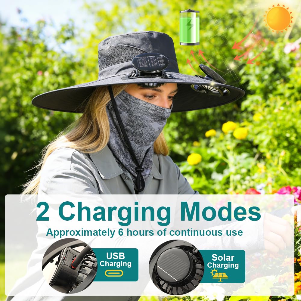 Cappello da sole a tesa larga con ventilatore integrato, 3 velocità del vento regolabili, ricarica solare e USB, con ventola, per escursionismo, campeggio, pesca, alpinismo, protezione UV estiva