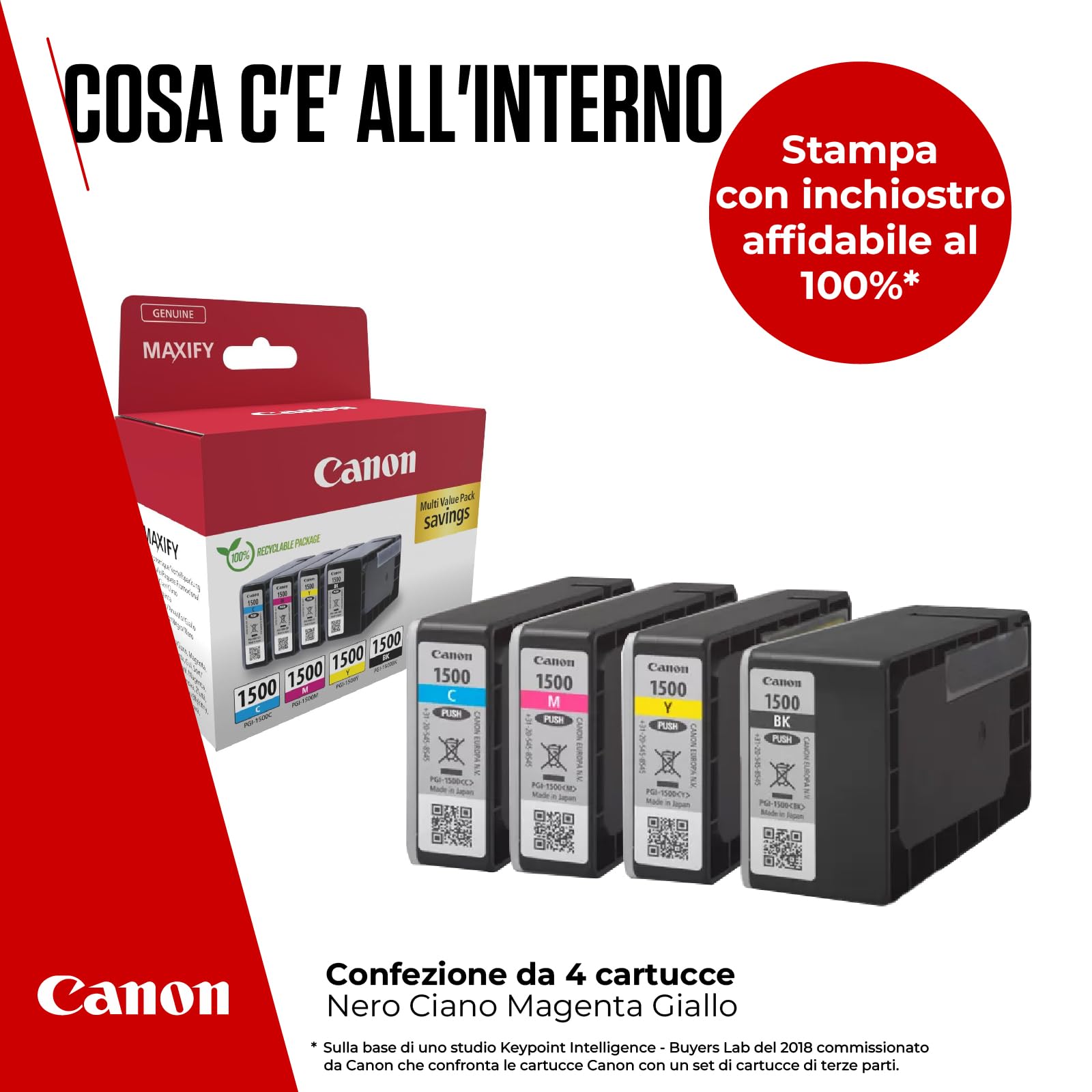 Canon Ink - PGI-1500 C M Y BK Cartucce d'inchiostro a colori originali per stampanti - Confezione da 4 (1 nero, 1 ciano, 1 magenta e 1 giallo)