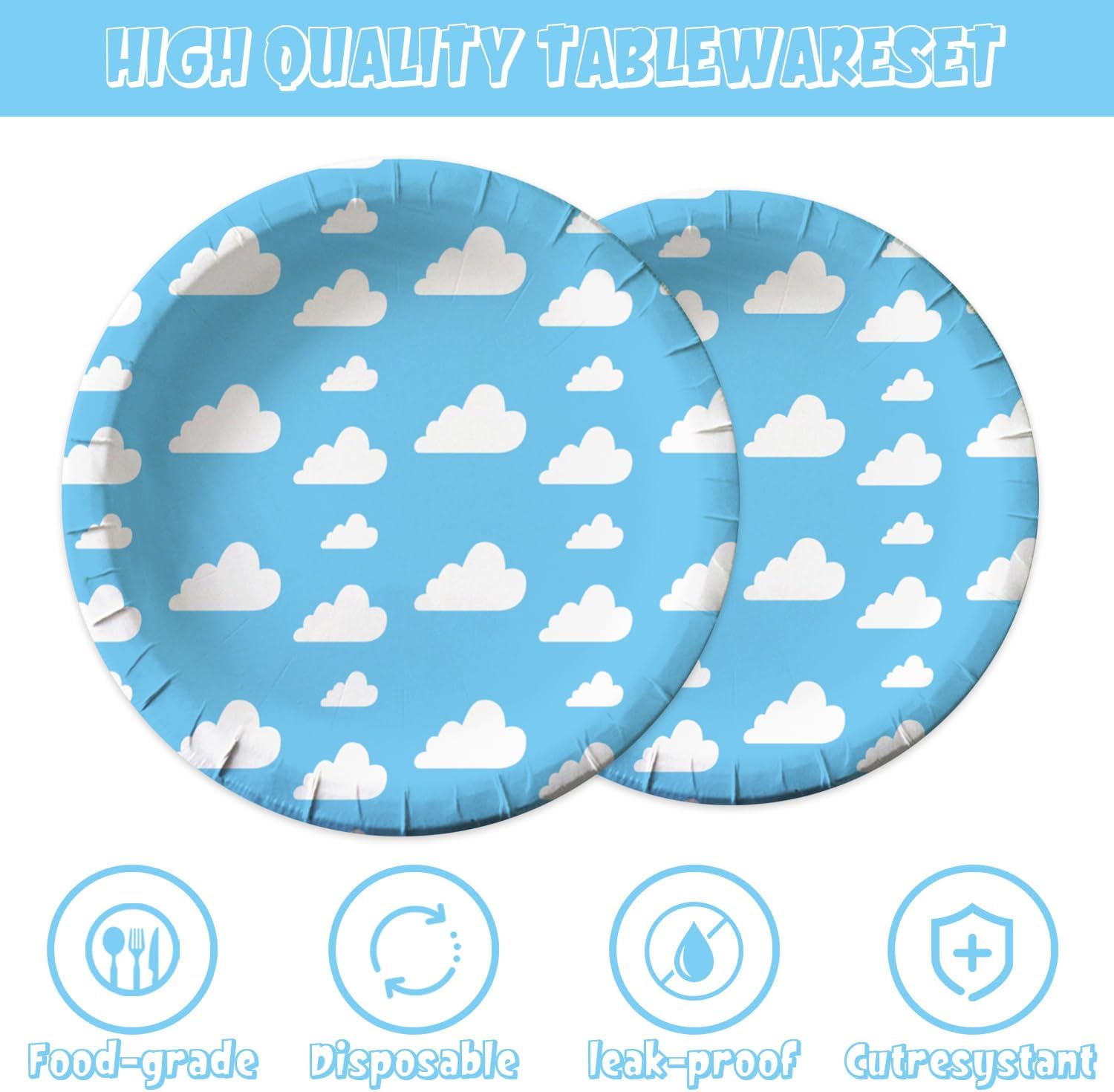 141Pcs Blue Sky White Clouds Birthday Party Decorations for 20 Guests Cartoon Supplies White Clouds Plates and Napkins Forks Cups Straws Tablecloth for Baby Shower Birthday Party Decorations - Image 4