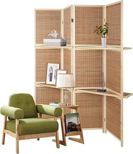 Miniatura 5 de ECOMEX Divisor de habitación de madera de 4 paneles con estantes, partición independiente con estantes de exhibición (color natural)