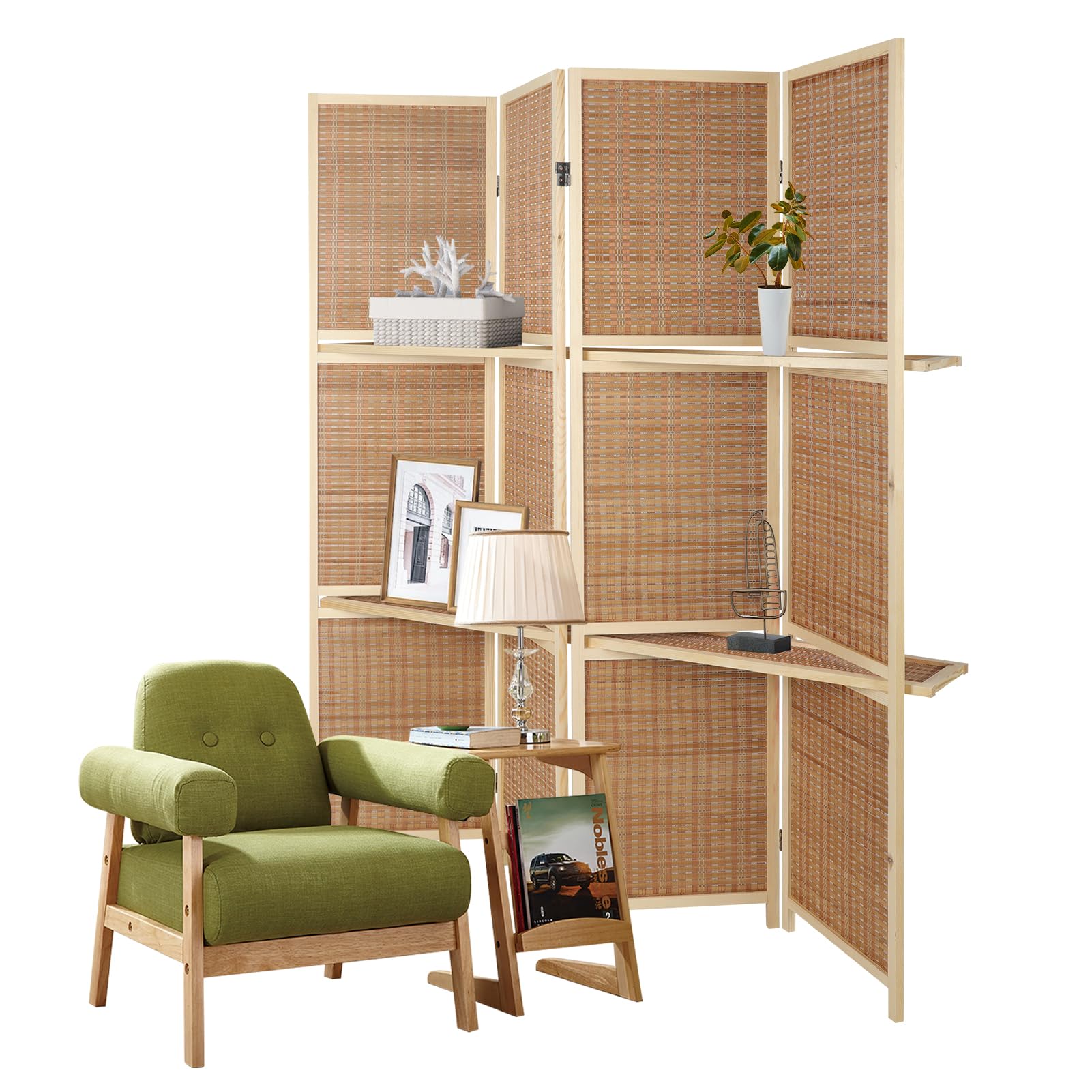 ECOMEX Bamboo Room Divider - 4 Panel Folding Screen with Shelves, Portable Privacy Screen for Home Office, Studio Apartment, Garage
