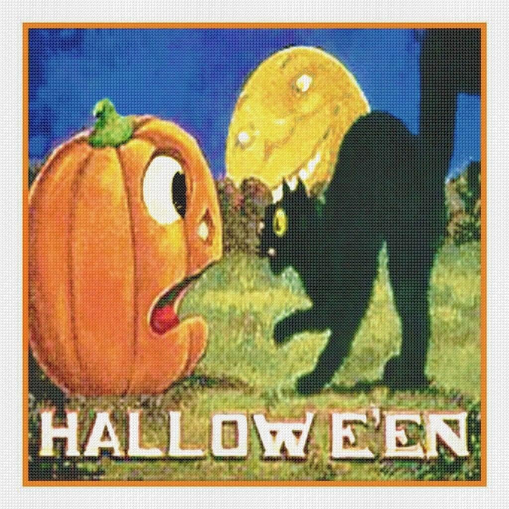 Halloween Pumpkin Cat Moon Counted Cross Stitch Pattern