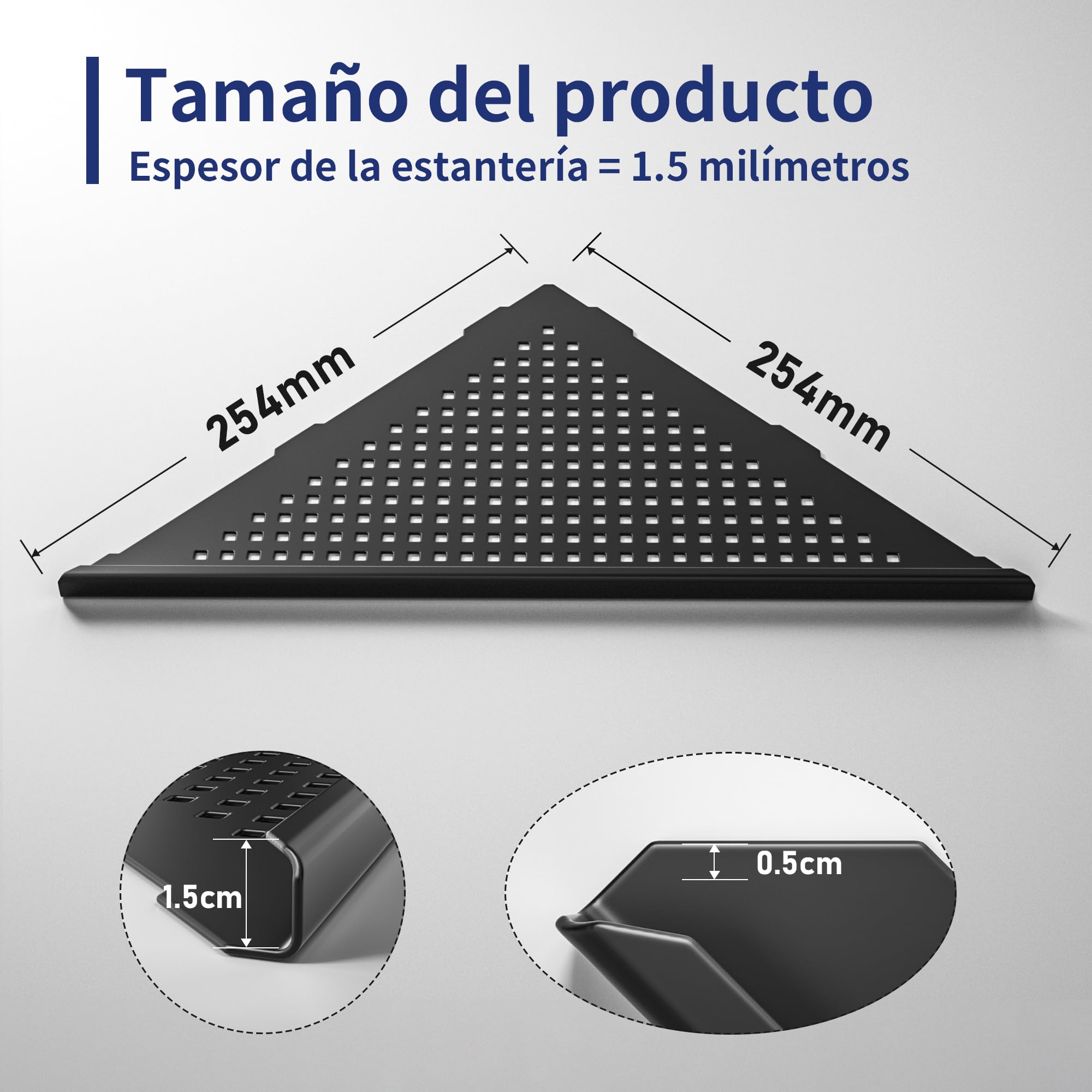 Estantería de esquina para ducha, sin necesidad de perforar, de acero inoxidable 304, para baño, soporte para champú, organizador, agujero cuadrado, 254 * 254 * 355 mm, negro, 2 piezas